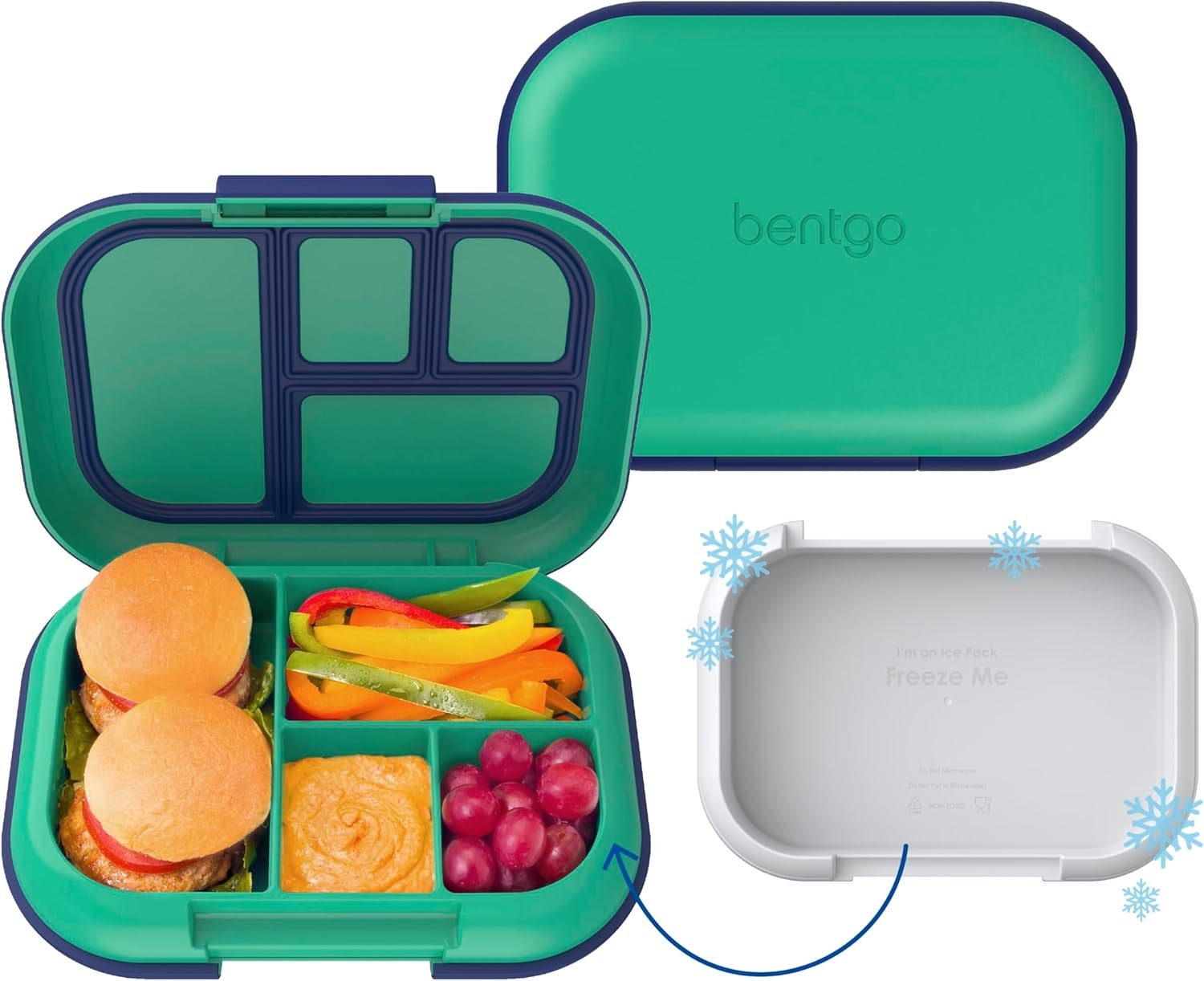 Bentgo Chill Kids Leak-Proof Lunch Box – 4-Compartment Bento Box with Built-In Ice Pack, 3.3 Cup Capacity, PFAS & BPA-Free, Microwave & Dishwasher Safe, Ideal Size for Ages 3 to 7 (Green/Navy)