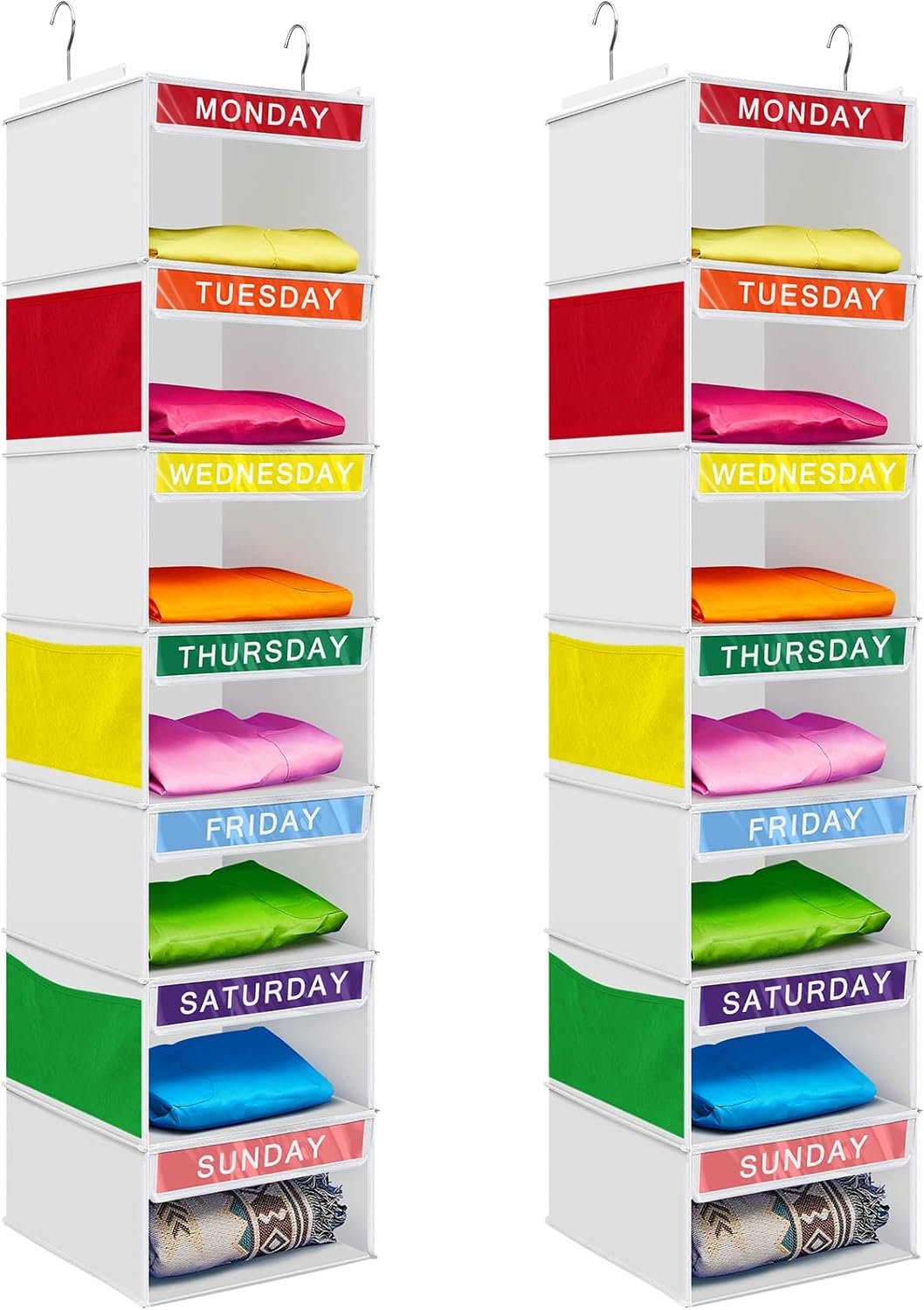 Amylove 2 Pcs 7 Shelf Weekly Clothes Organizer for Kids Hanging Closet Organizer 11. 8 x 11. 8 x 50 Inches Daily Activity Kids Clothes Storage Drawers Cube Drawers Closet Hanging Shelves(White)