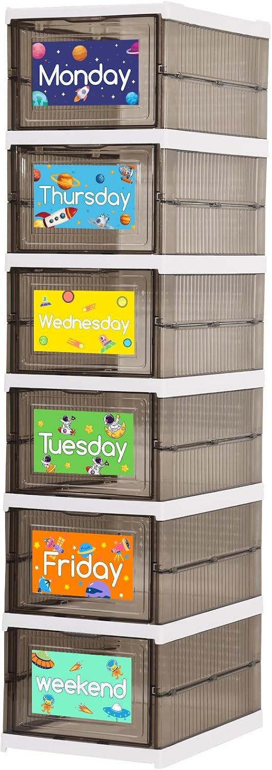 Shelf Daily Weekly Clothes Organizer for Kids Foldable Weekly Hanging Closet Organizer with Door Plastic Closet Storage for Boys and Girls Monday Through Friday Essential Stuff（Grey & White）