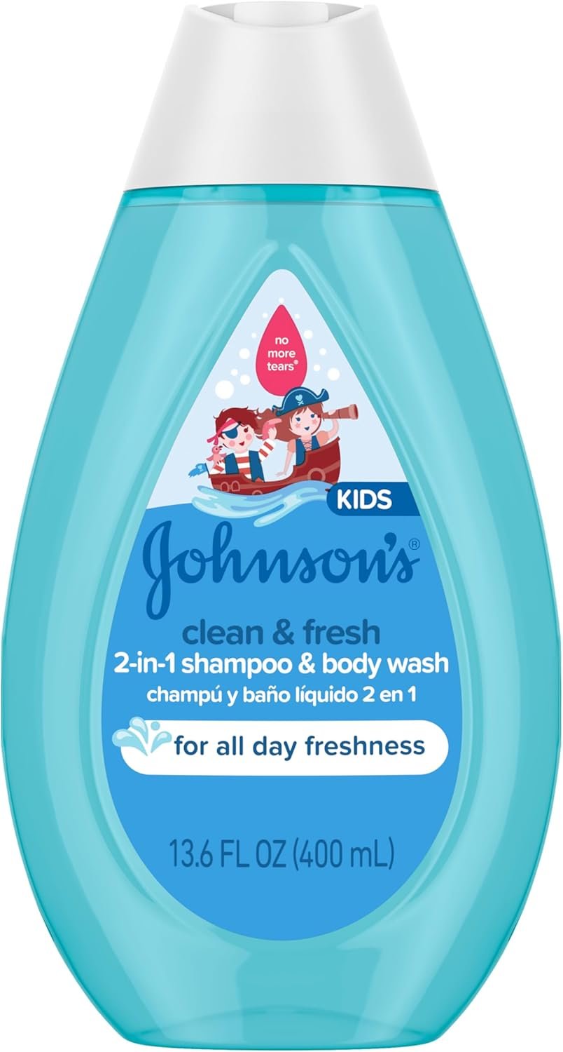 Johnson’s Clean & Fresh Children’s Shampoo & Body Wash, 2-in-1 Daily Hair & Body Wash for Kids & Toddlers Gently Cleanses Developing Hair, 13.6 fl. oz