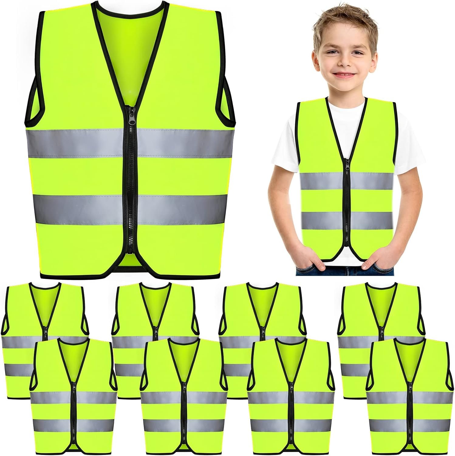 Unittype 10 Pcs Kids Safety Vest Bulk High Visibility Reflective Neon Traffic Vest with Zipper for Aged 3-10 Children