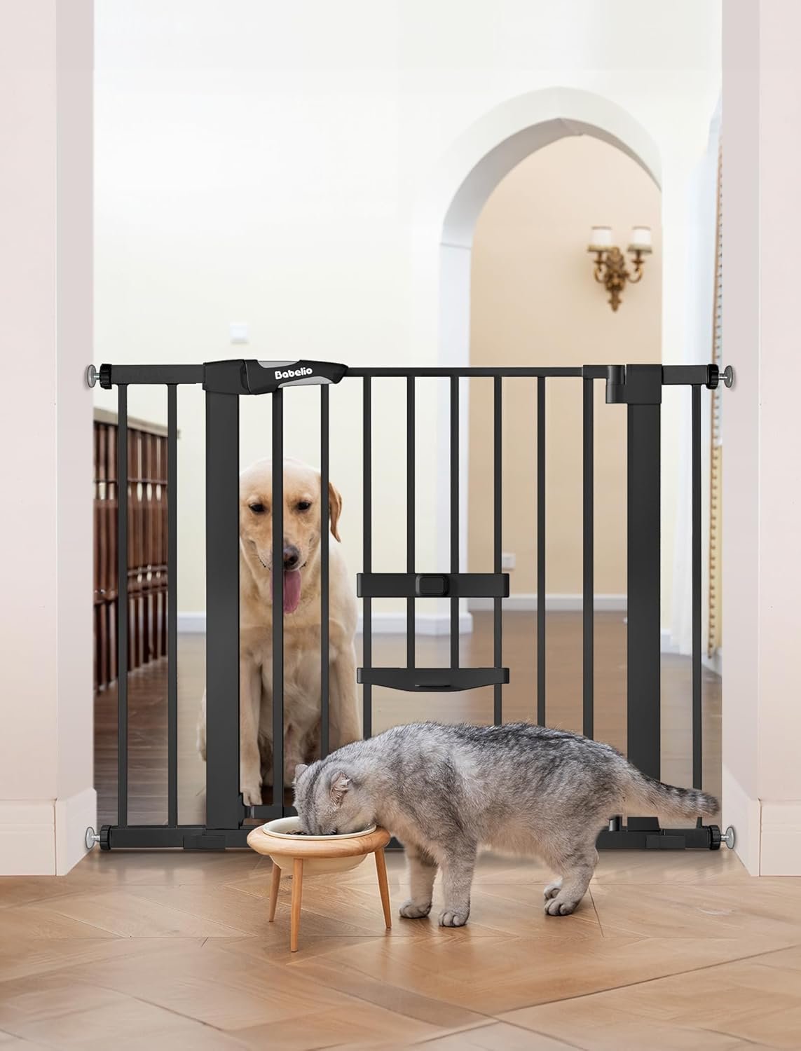 Babelio New Version Baby Gate with Cat Door Adjustable, 29-40″ Metal Pet Door for Stairs & Doorways, Pressure Mounted, No Tools Needed, Black