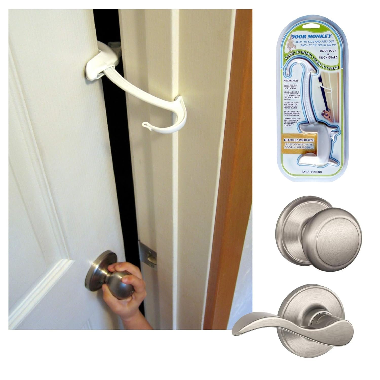 DOOR MONKEY Child Proof Door Lock & Pinch Guard – For Door Knobs & Lever Handles – Easy to Install – No Tools or Tape Required – Baby Safety Door Lock For Kids – Very Portable – Great for Dogs & Cats