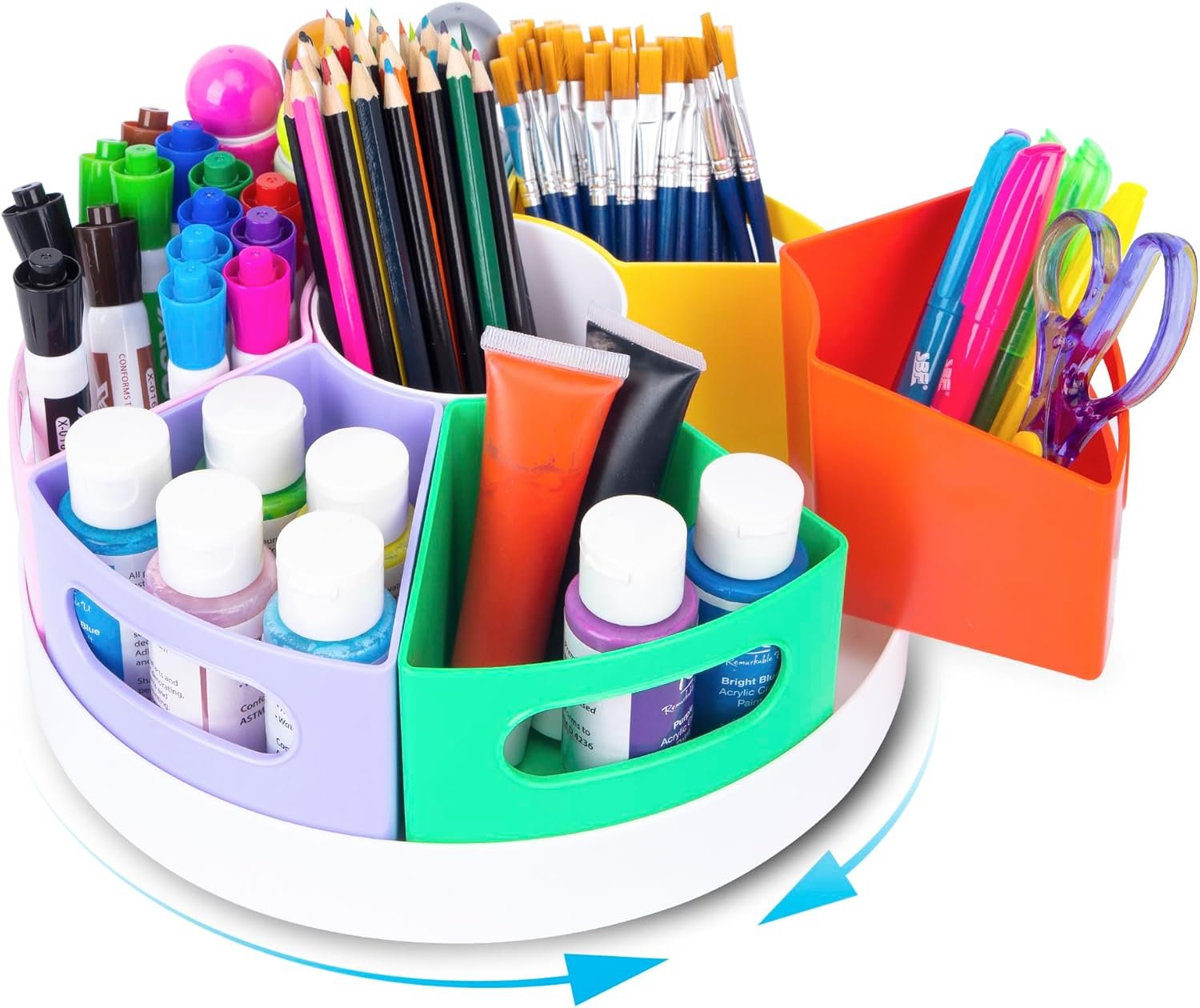 CraftGenes Art Supply Organizer, Extra Large 360° Pencil Caddy with 7 Removable Compartments for Kids, Rainbow Stationary Marker Organizer for Home, School, and Classroom