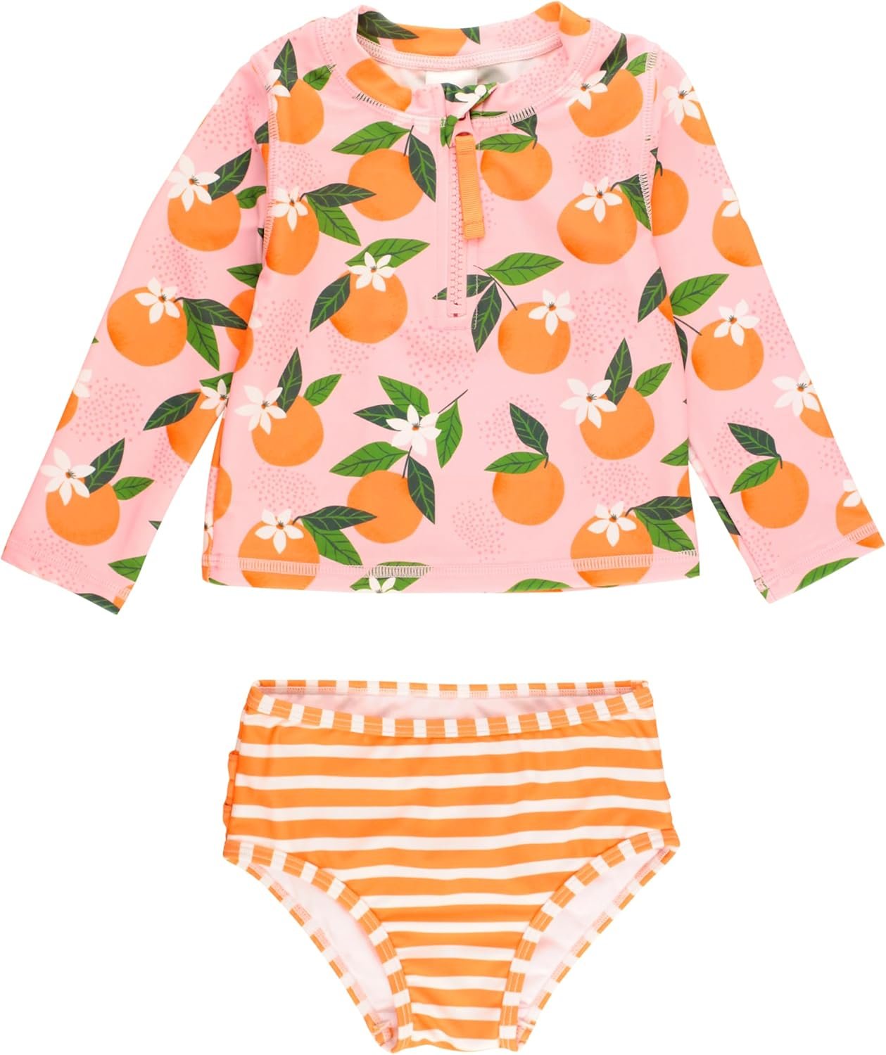 RuffleButts® Baby/Toddler Girls Long Sleeve Rash Guard 2 Piece Swimsuit Set w/UPF 50+ Sun Protection with Zipper