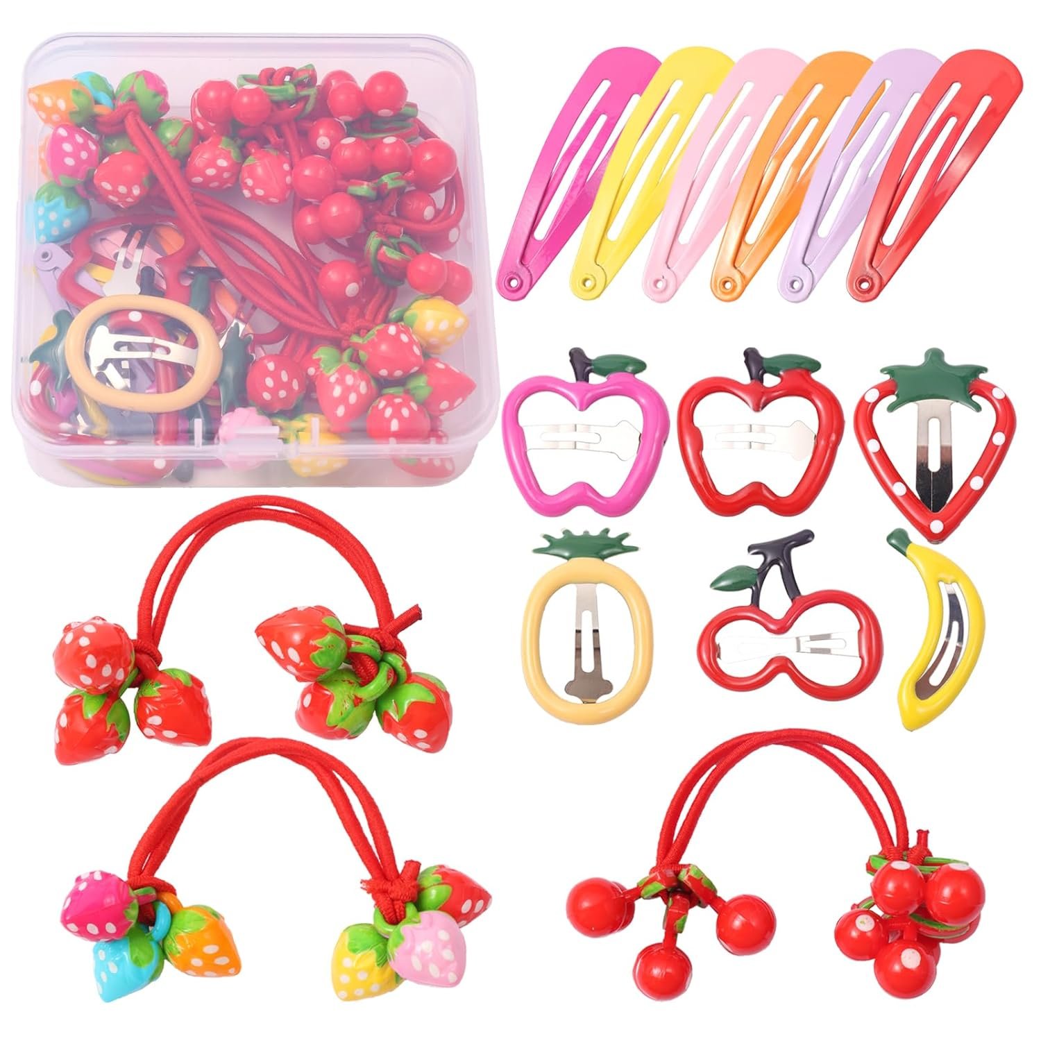 Rosvia 18pcs Little Girl Hair Accessories Set, Cute Hair Accessories for Girls, Candy Color Hair Kit for Kids, Strawberry Elastic Hair Ties with Fruit Shape Hair Barrette
