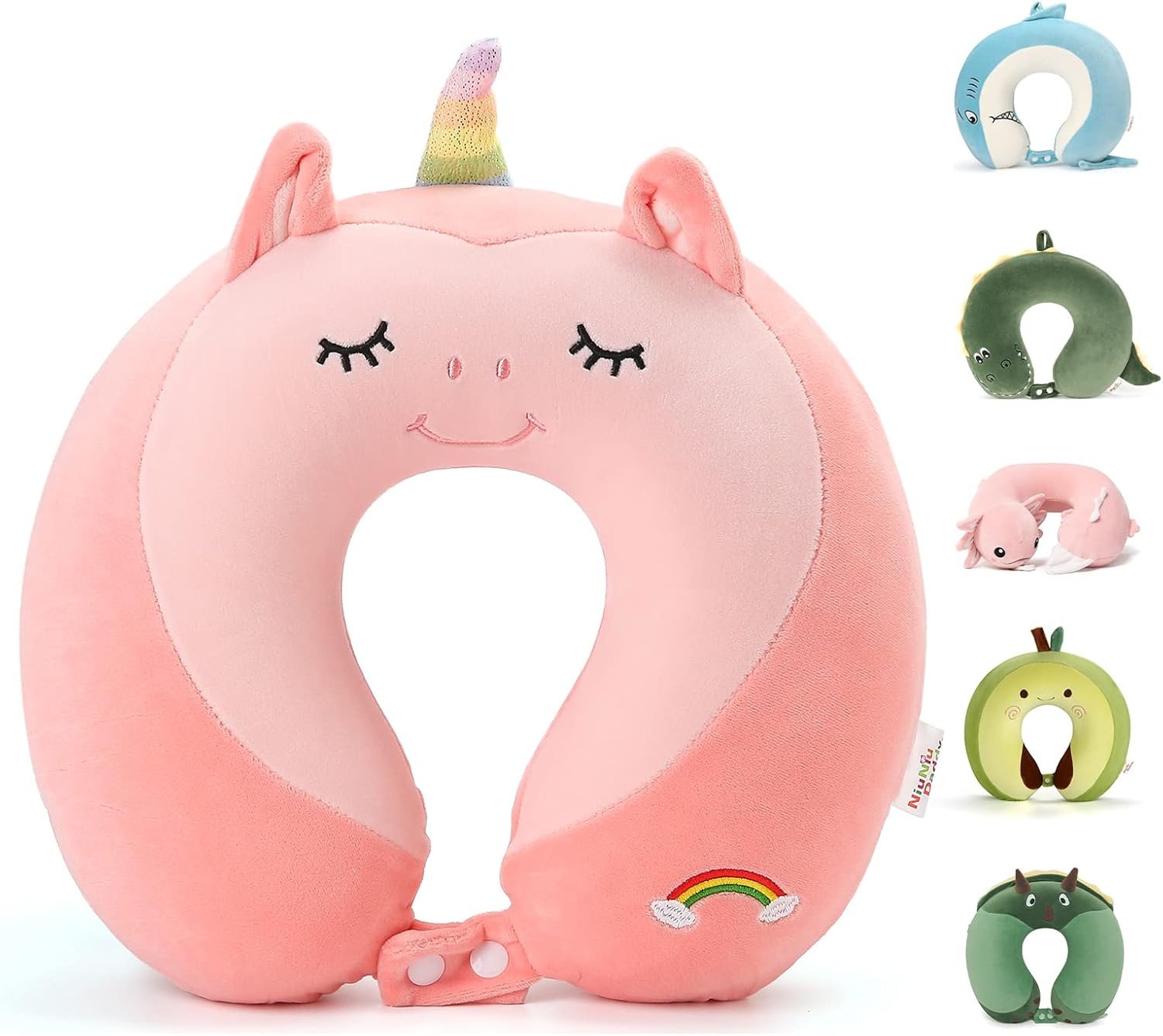 Niuniu Daddy Neck Pillow for Traveling, Pure Memory Foam Travel Neck Support Pillows for Airplane, Car Headrest Sleep – Age 8+ Children Kids Including Adults – Unicorn Travel Pillow