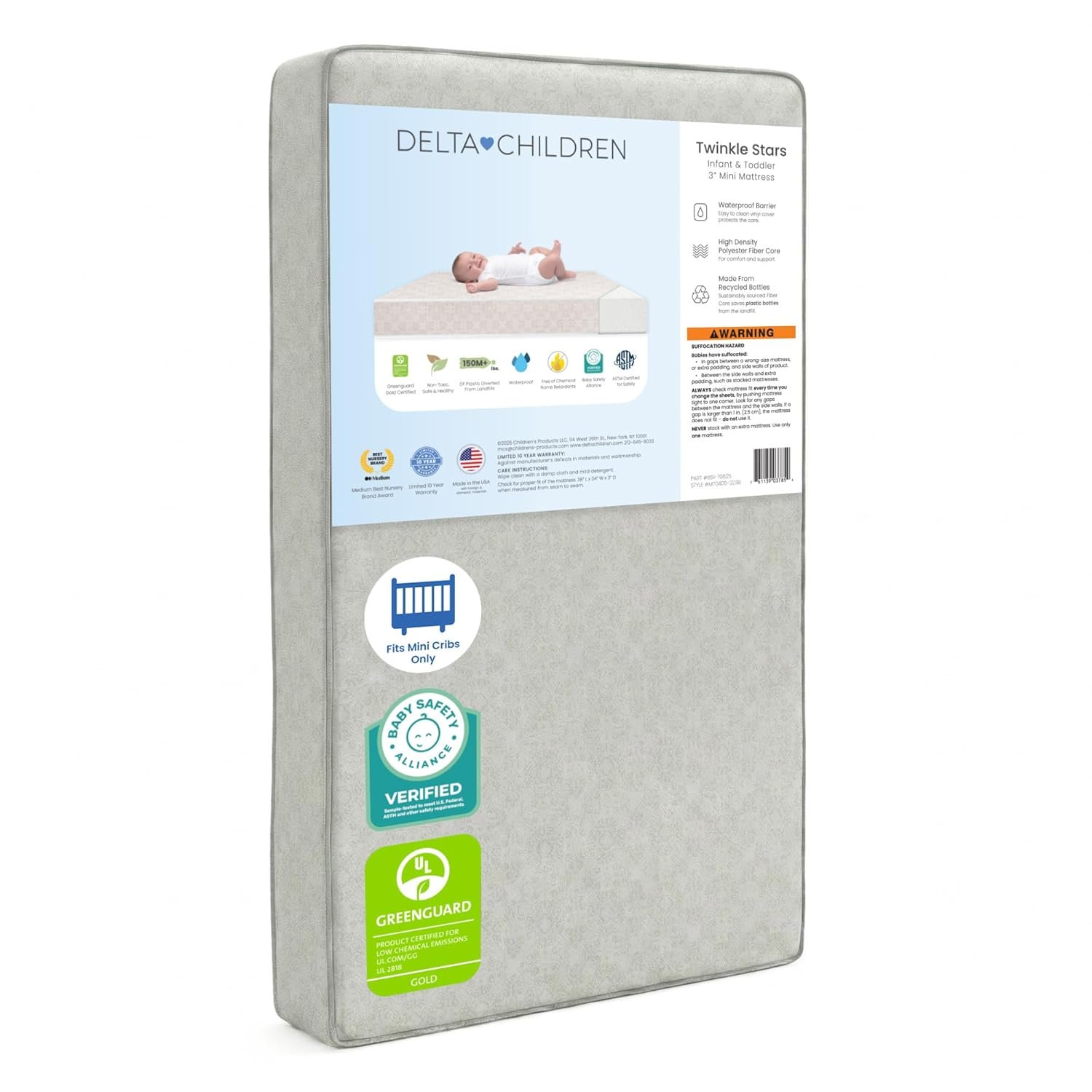 Delta Children Twinkle Stars 3-Inch Mini/Portable Crib Mattress – Premium Sustainably Sourced Fiber Core – Waterproof – GREENGUARD Gold Certified (Non-Toxic) – Trusted 10 Year Warranty – Made in USA