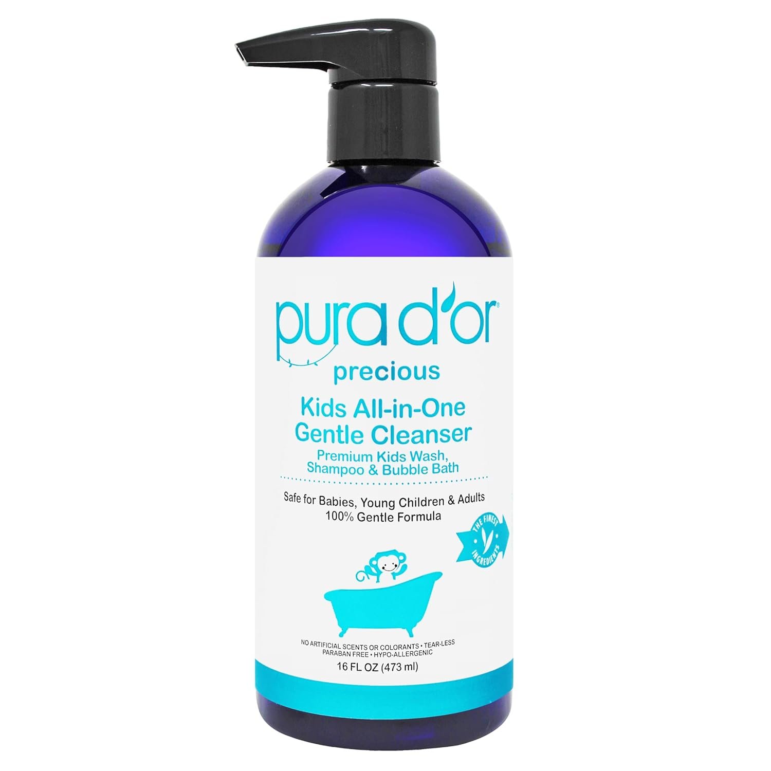 PURA D’OR 16 Oz Kids Wash – All-in-One Gentle Cleanser – USDA Biobased, Sulfate-Free, Tear-Less, Hypoallergenic, Premium, Shampoo & Bubble Bath