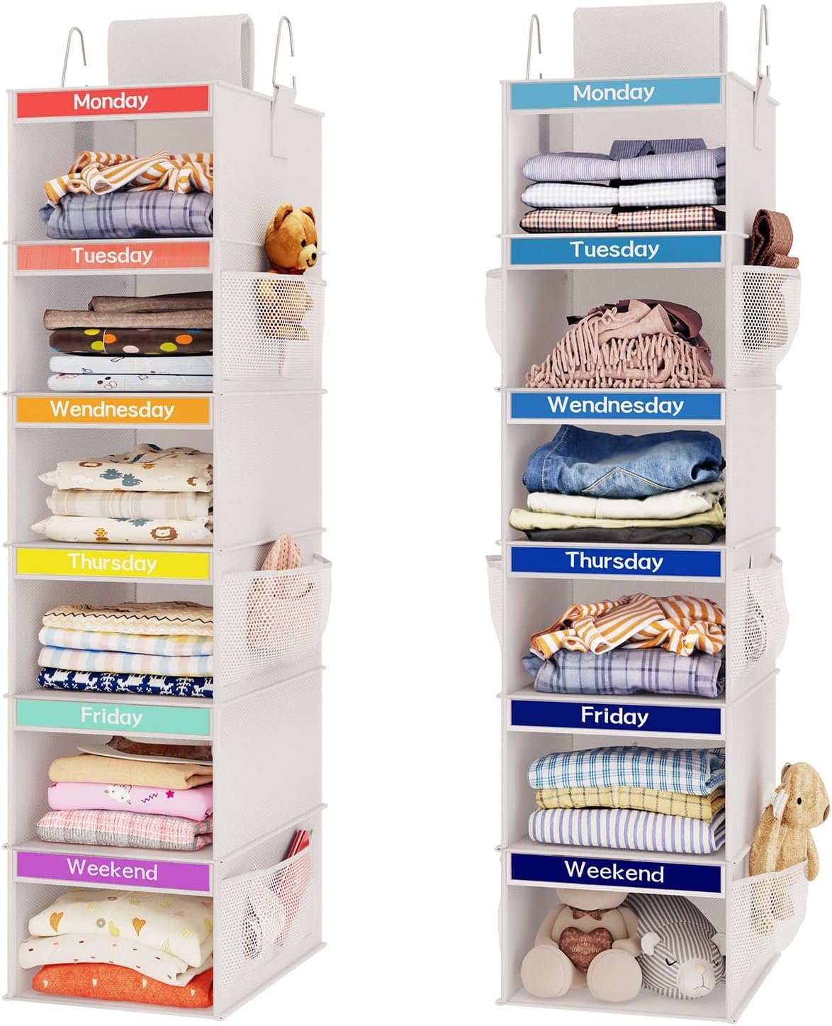 Fixwal 2 Pack 6-Shelf Weekly Hanging Closet Organizer for Kids, Kids Daily Clothes Organizers with 6 Side Pockets, Days of The Week Hanging Storage Shelves (White)