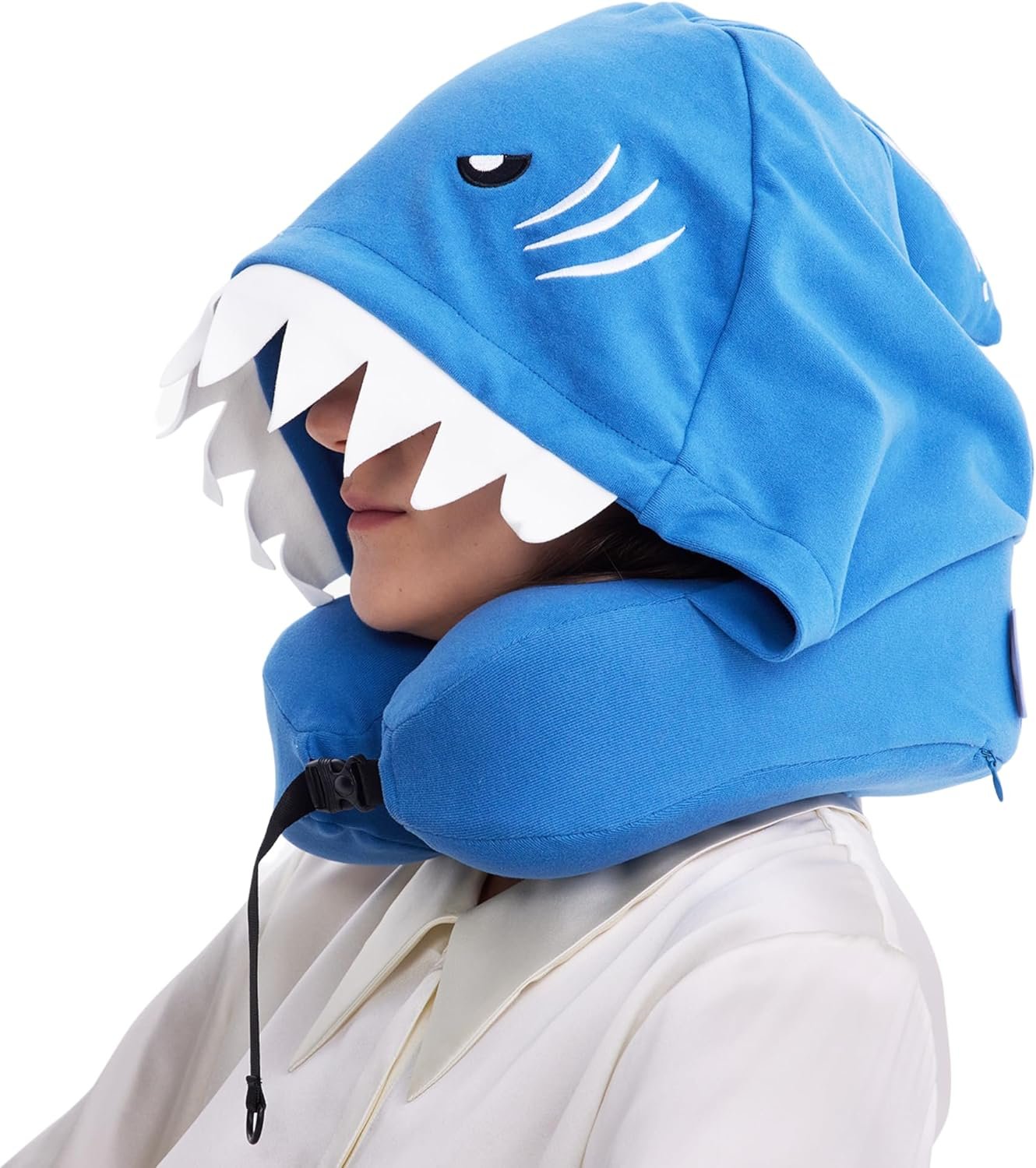 Privacy-Friendly Hooded Travel Pillow for Kids & Adults, Sensory-Friendly, Memory Foam Neck Support for Airplane, Car & Train, Breathable Fabric, Portable, Ultimate Comfort Shark