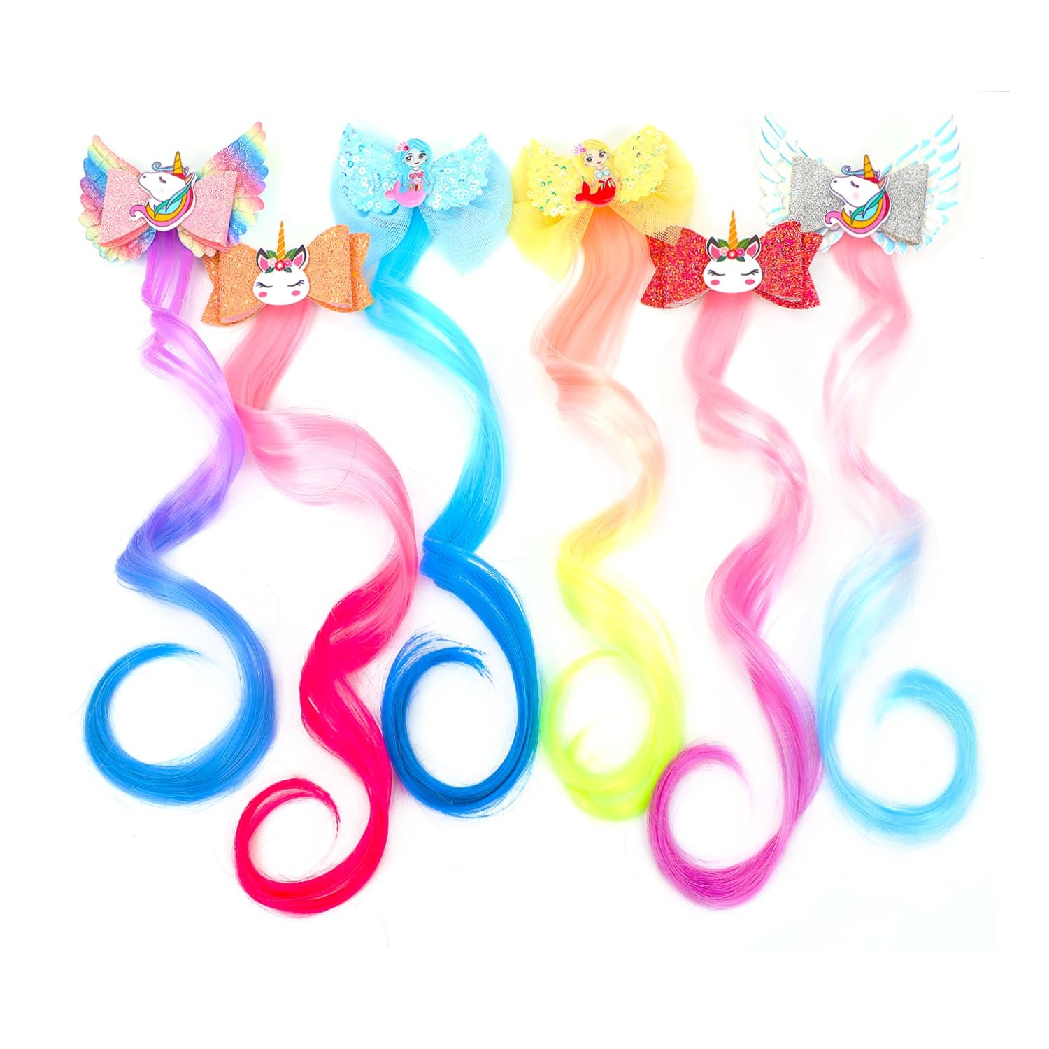 6 Pcs Hair Accessories for Girls,Bows for Girls,Unicorn Hair Clips with Colorful Ombre Hair Extensions, Glitter Bow Design