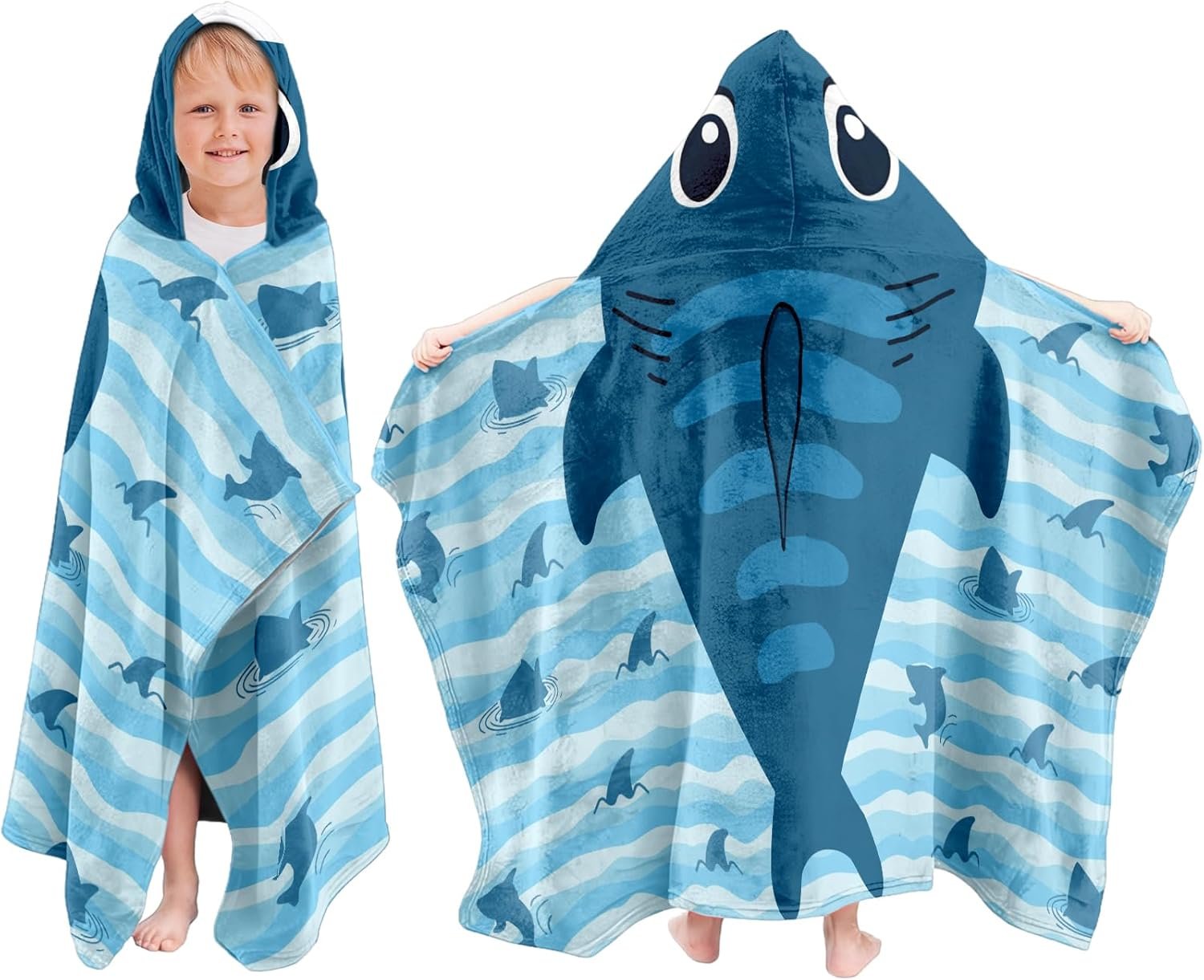 Kids Hooded Bath Towel, Boys Girls Shark Gifts Beach Towels, Toddler Hooded Towel, 30″X50″ Cute Shark Towels, Poncho, Hooded Beach Towel for Kids Pool Bath Swim