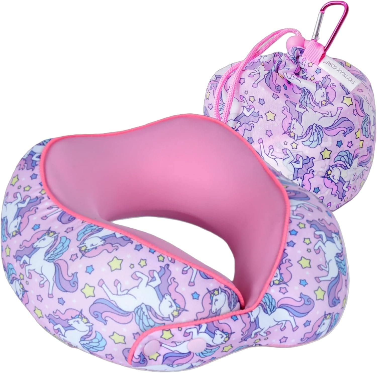 SKYTRAX® Certified Kids Safe Memory Foam Travel Neck Pillows for Kids and Toddlers, Cute Cartoon Design, Car Seat & Airplane Head Neck Support, Adjustable Snap Buttons, Washable Soft Cover (Unicorn)