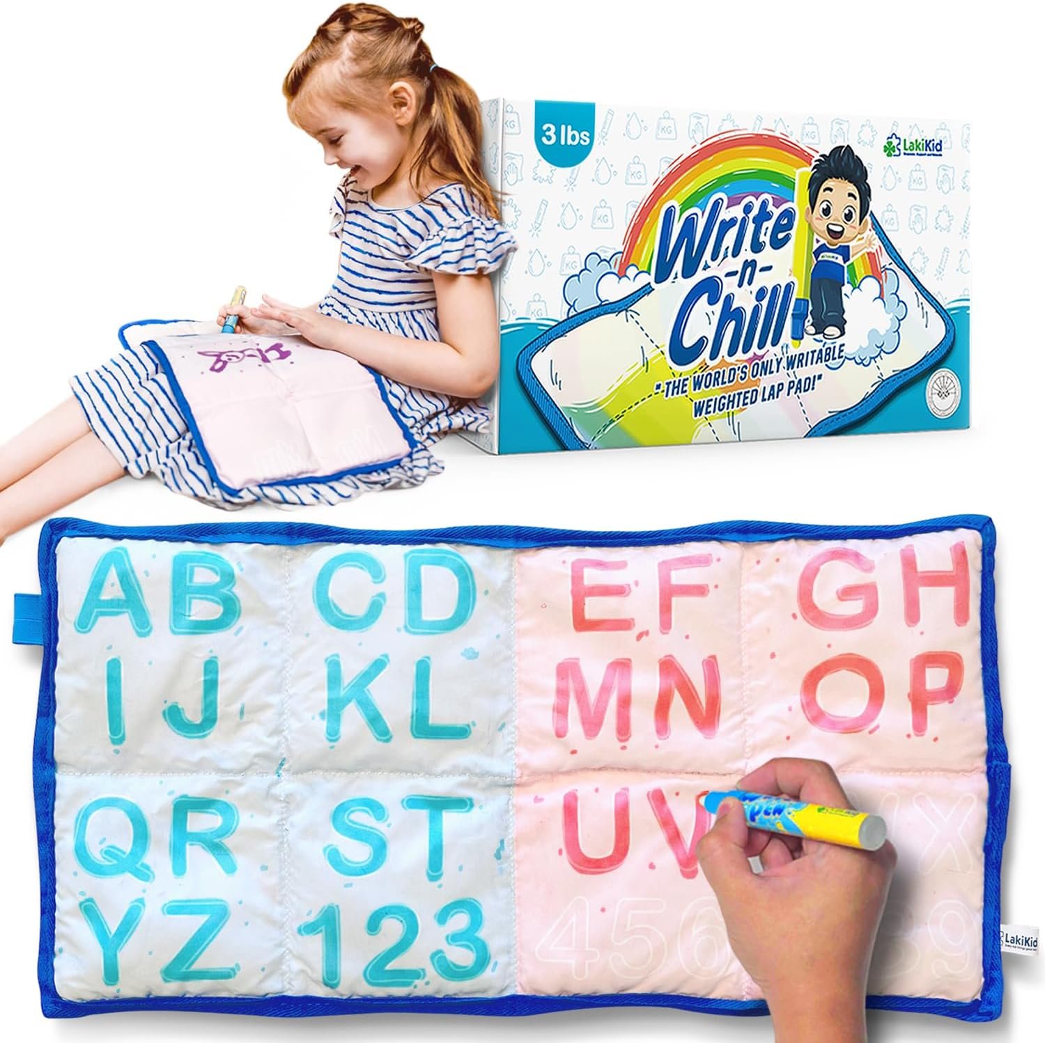 LakiKid Writable Weighted Lap Pad for Kids – 3lbs Writable Lap Heavy Blanket for Classroom, Travel, Calming & Relaxation, Sensory Blanket for Kids & Adults, Supports Focus & Sensory Learning