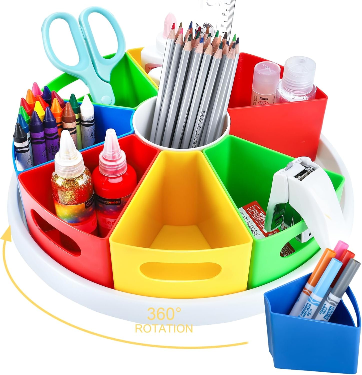 360 Degree Rotating Kids Desk Organizer, Colorful Art Supply Storage and Organization with 8 Removable Compartments, 12″ Durable ABS Material for Classroom & Home Use – Perfect Teacher and Child Gift