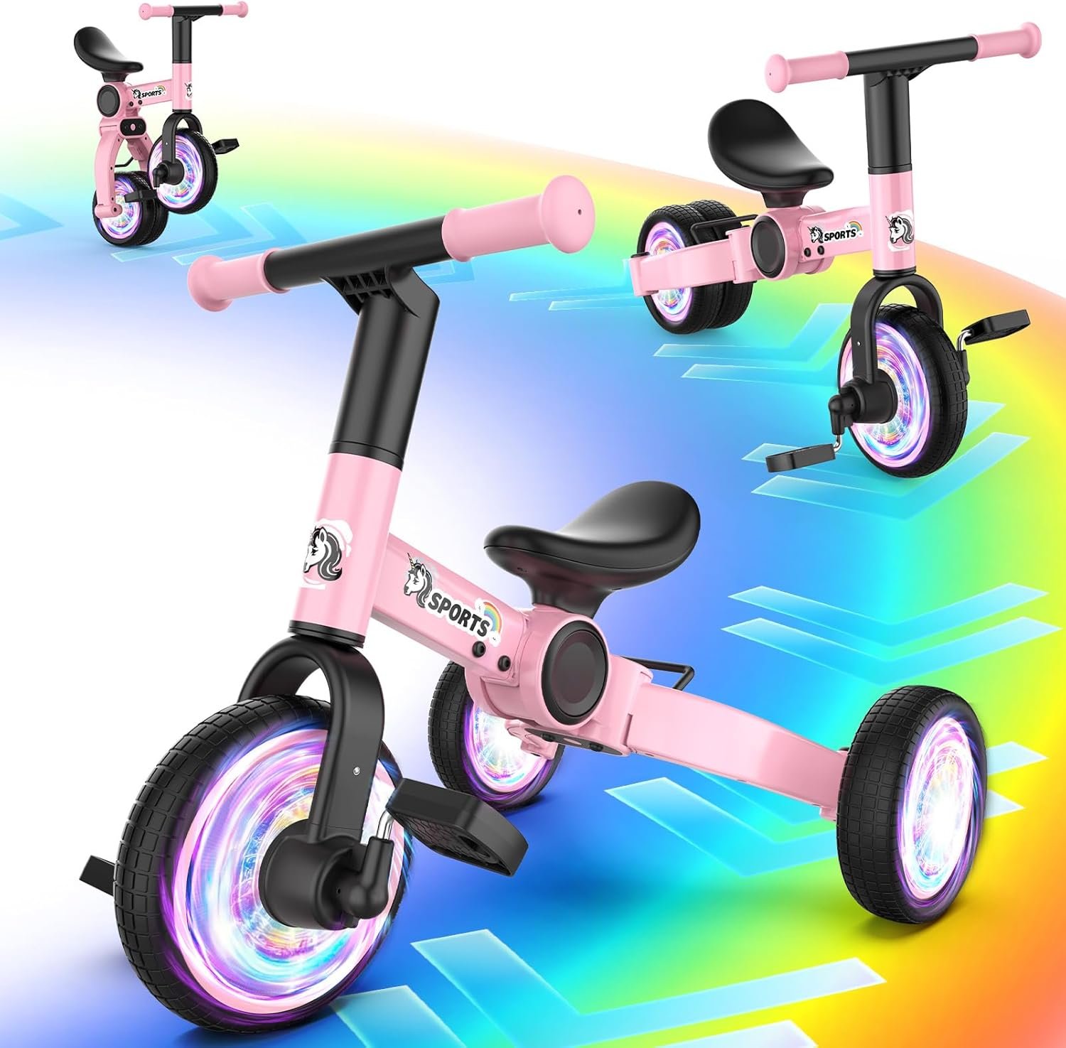 3 in 1 Toddler Balance Bike for 1-4 Year Olds, Colorful Lighting Baby Toddler Tricycle for 1 2 3 4 Year Old with Removable Pedals, Kids Bicycle Toy for Boys Girls Balance Training, Birthday Gift
