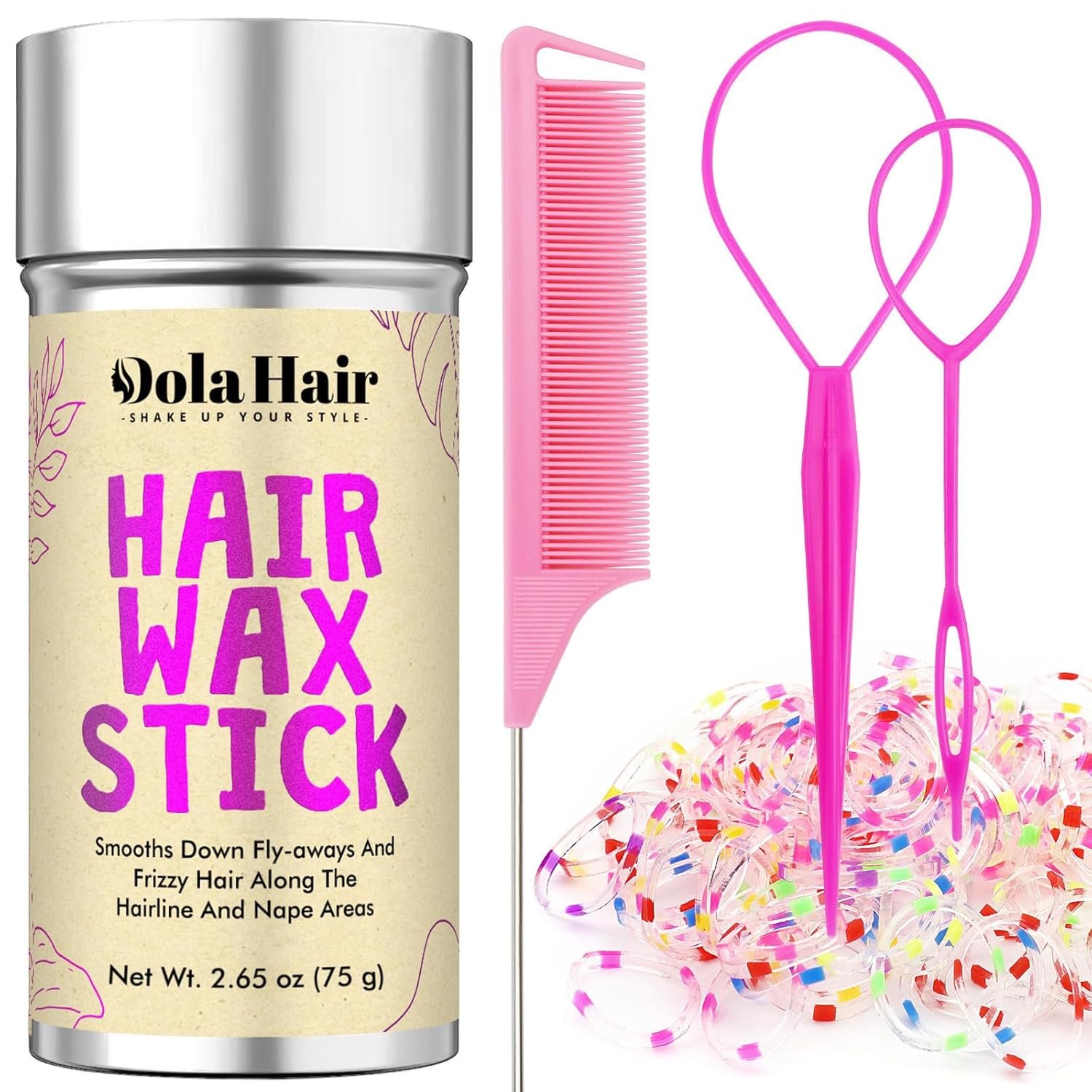 Dolahair Hair Wax Stick & Accessories – Flyaway Control for Kids & Women, 50 Pcs Colorful Elastic Hair Bands, 1 Pcs Slick Back Hair Brush, 2 Hair Loop Styling Tools (Pink)