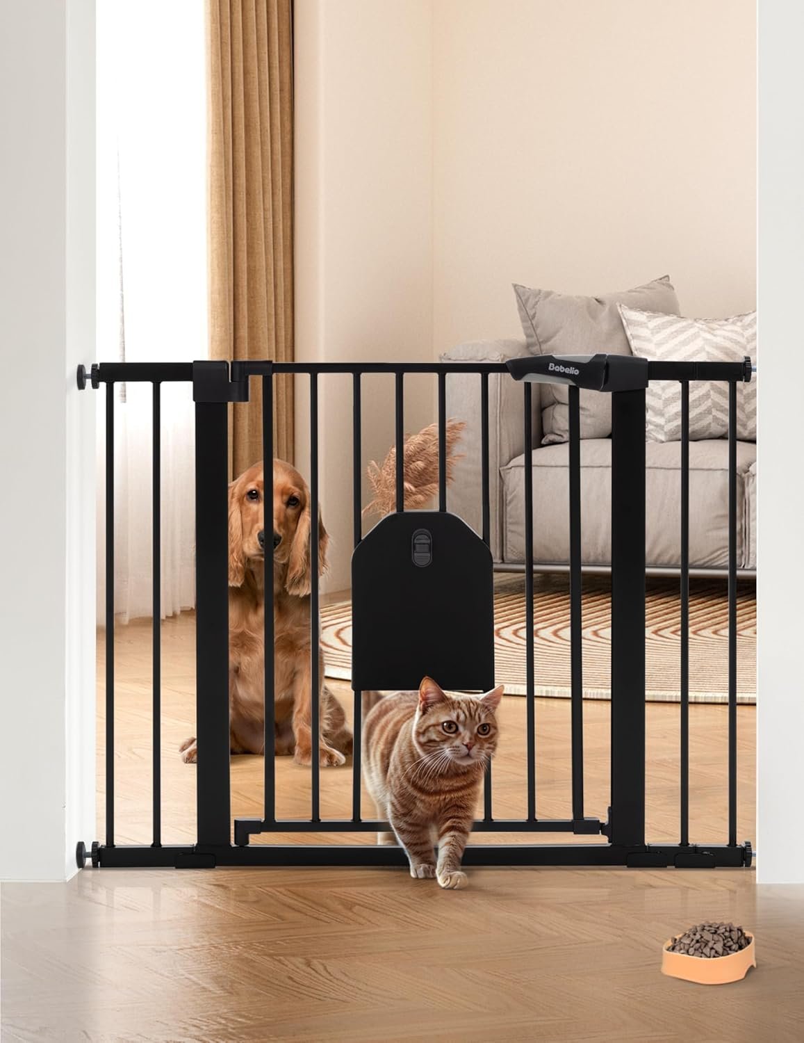 Babelio Auto Close Baby Gate with Cat Door,29-43″ Metal Gate for Doorway,Stairs, House,Easy Walk Thru with Pet Door,Includes 4 Wall Cups and 3 Extension Pieces,Black