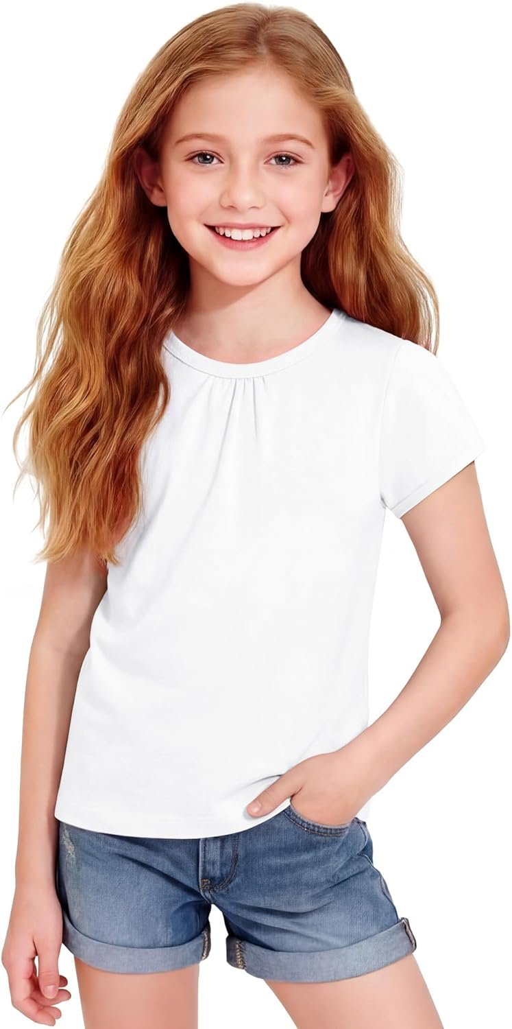 Girls Short Sleeve Shirts Cotton Crew Neck T-Shirt Kids Plain Tees Tops Size 5-12 Years