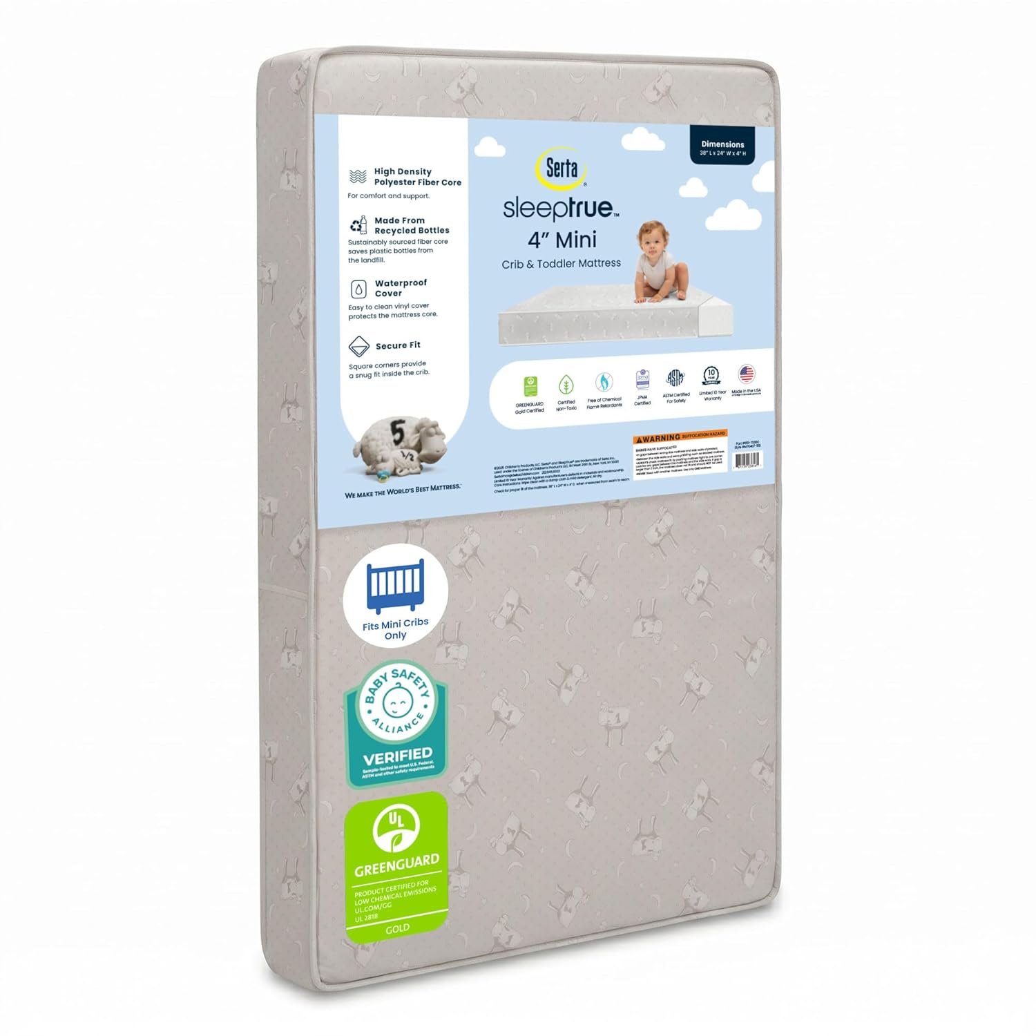 Delta Children Serta SleepTrue Mini Crib Mattress, Premium Sustainably Sourced Fiber Core, Hypoallergenic & Waterproof Cover, Greenguard Gold Certified – Made in USA, White
