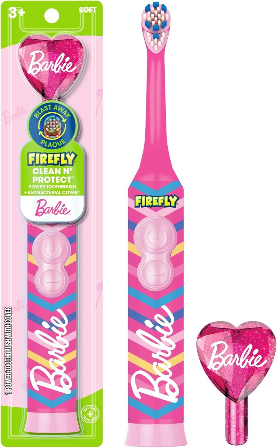 Firefly Clean N’ Protect Barbie Toothbrush with Antibacterial Cover, Soft Bristles, Battery Included, Ages 3+, 1 Count