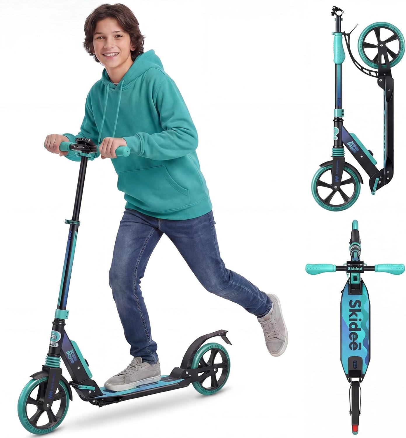 Skidee Adult & Teen Scooter Adjustable Height, Folding, Large Wheels, Lightweight, Durable, Anti-Shock Suspension, Up to 220 lbs