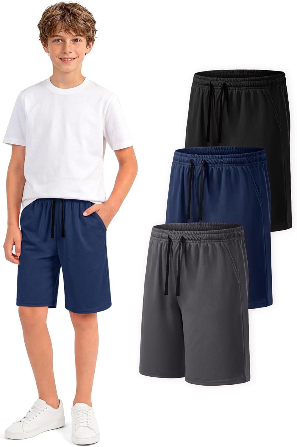 Auranso 3 Pack Boys Athletic Shorts Quick Dry Mesh Basketball Short for Kids Active Soccer Shorts Sports Clothes with Pockets