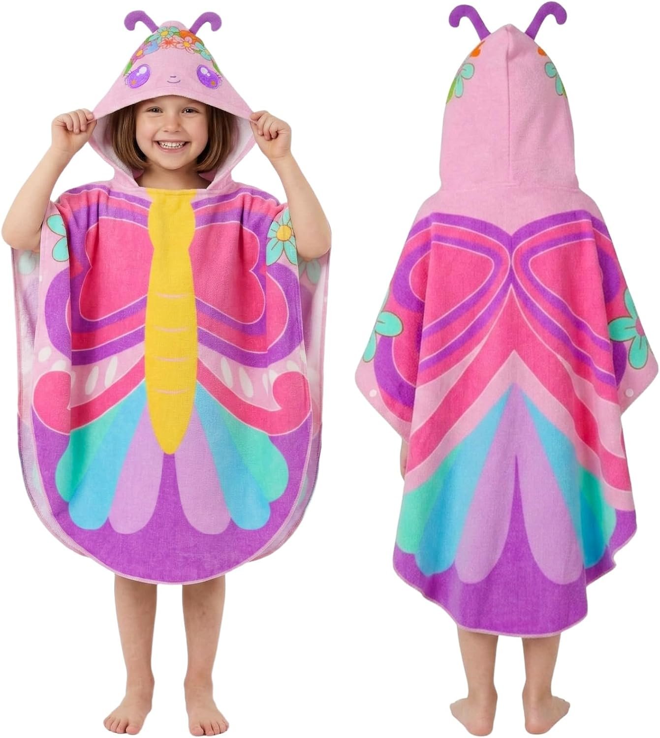 PinkSheep Beach Towel for Kids,100% Cotton Poncho Beach Towel with Hooded, Super Absorbent Girl Bath Towel with Buckle for Swimming, Bath Time, Age 3-6 Years (Butterfly Blue)