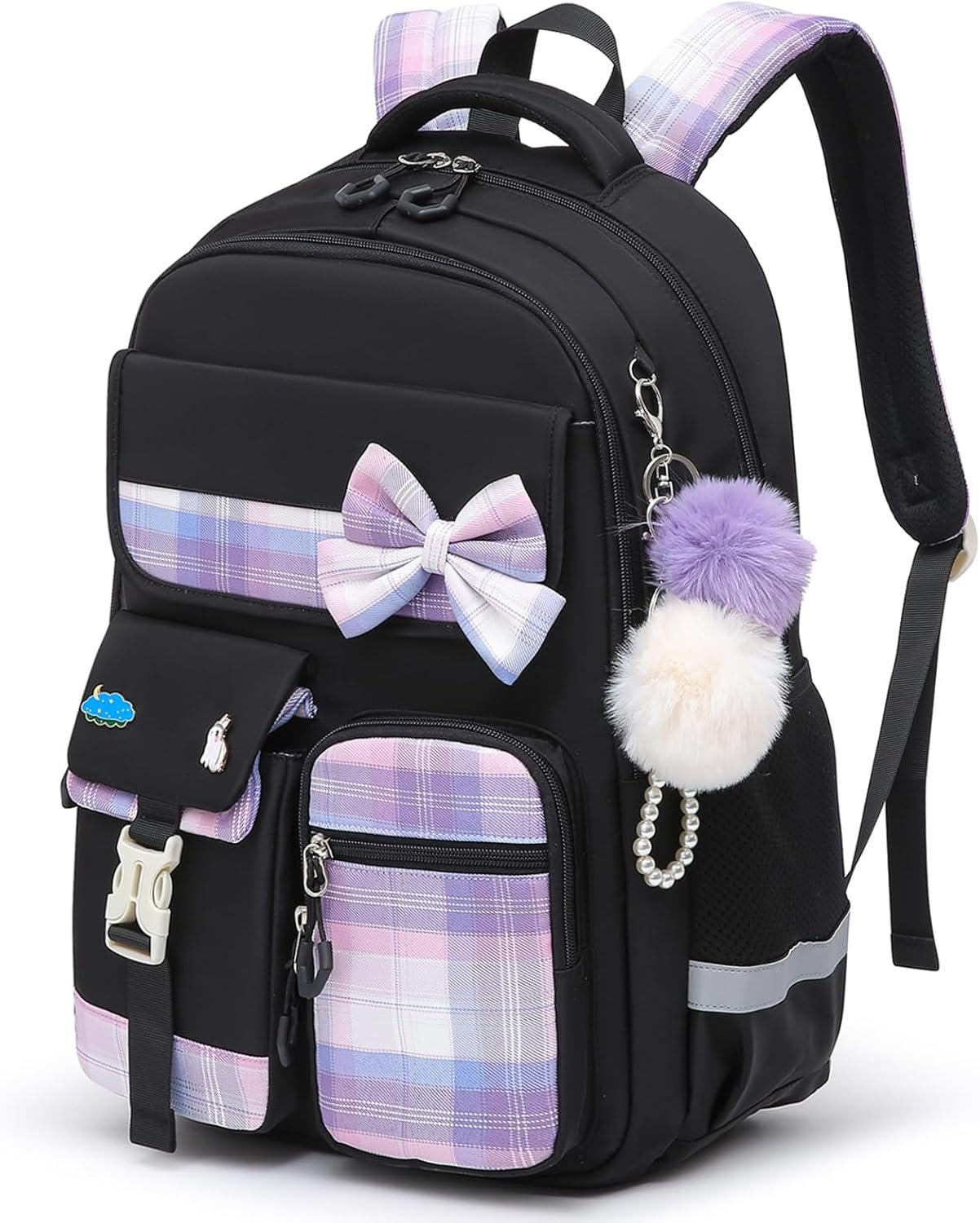 Alrisg Girls School Backpack Preppy Plaid Bookbag Lightweight Backpack for Girls Elementary Middle School Bow Black