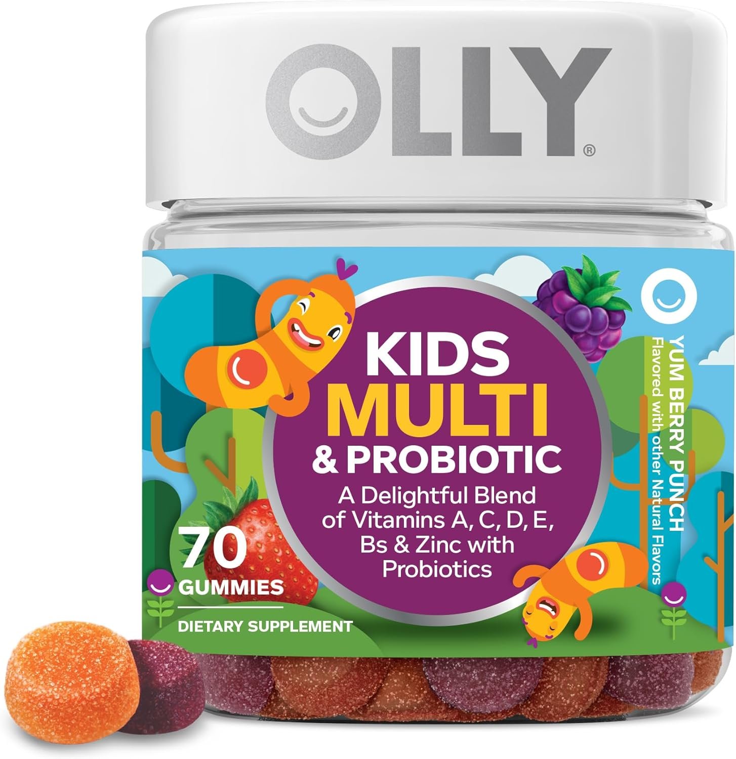 OLLY Kids Multivitamin & Probiotic Gummy, Digestive Support, Vitamins A, D, C, E, B, Zinc, Chewable Supplement, Berry Flavored, 35 Day Supply – 70 Count