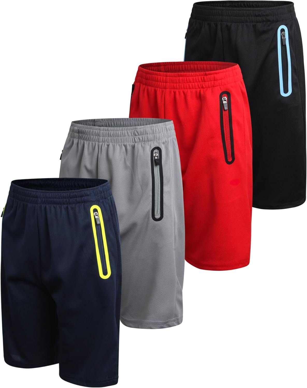 Pro Athlete Boys Basketball Shorts – 4 Pack Athletic Gym Shorts with Elastic Waistband & Zipper Pockets for Workout & Running
