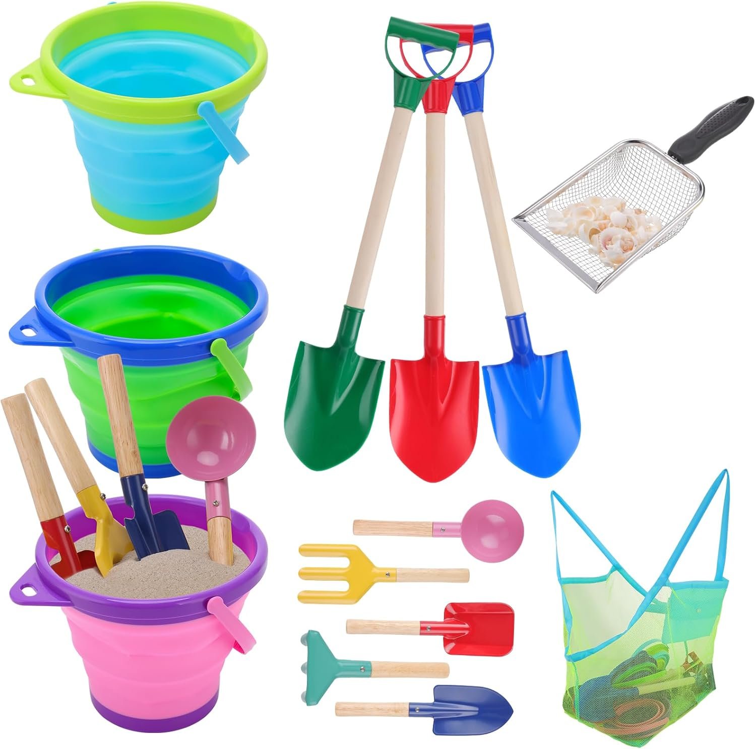 13 Pack Beach Bucket Shovels Toys for Kids,Collapsible Beach Sand Toys Beach Pails and Shovels Set for Toddlers Kids Sand Bucket and Mesh Shovels with Mesh Bag Travel Beach Toys Kit Age 3-10