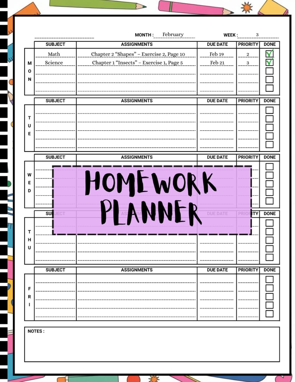 Homework Planner for ADHD Students: Weekly and Daily Undated Assignment Journal Notebook for Elementary, Middle, High School, and College