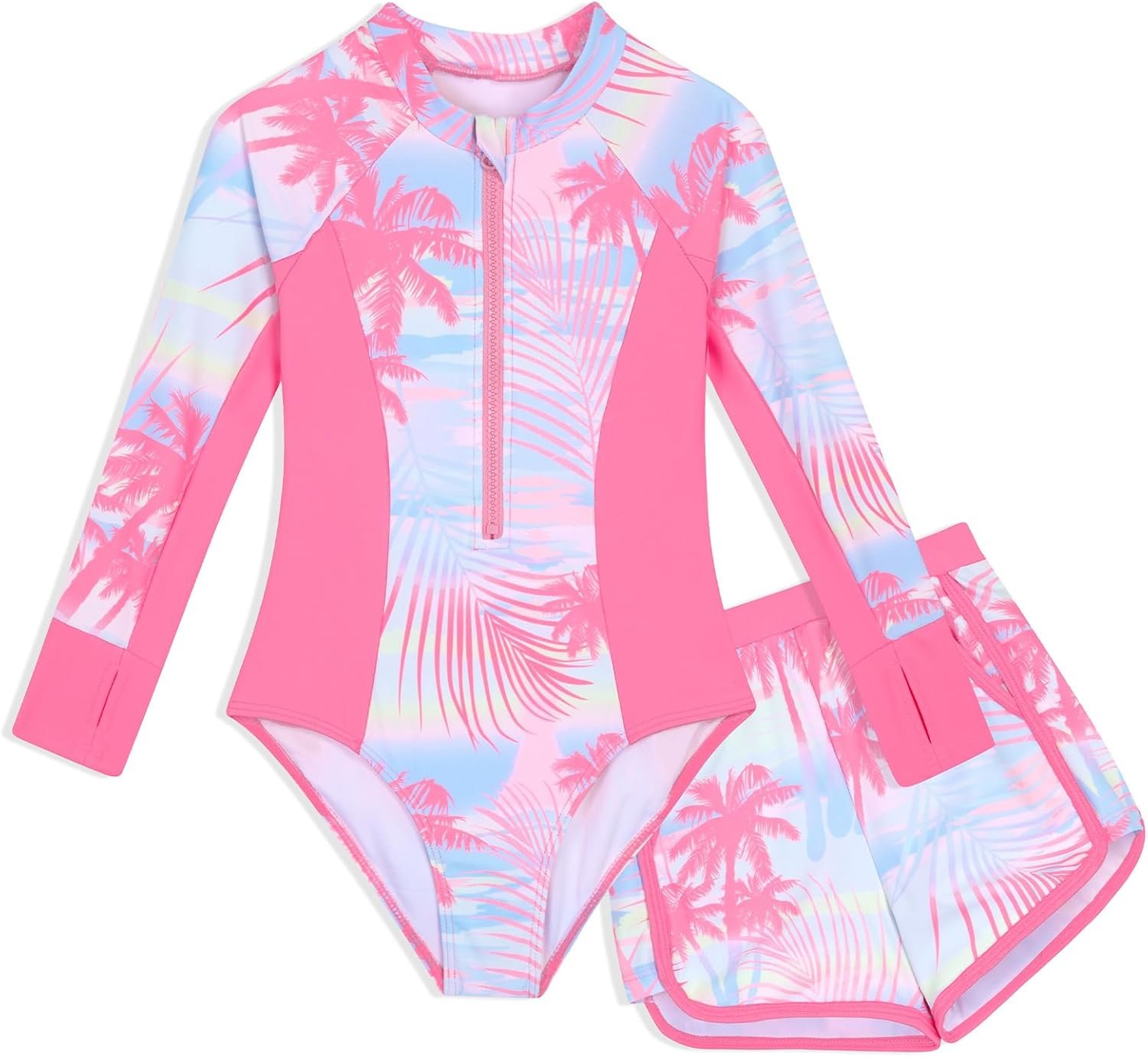 Girls Rash Guard Swimsuit 2 Piece Long Sleeve One Piece Bathing Suits with Swim Shorts Kids UPF 50+ Swimwear Sets 6-14 Years