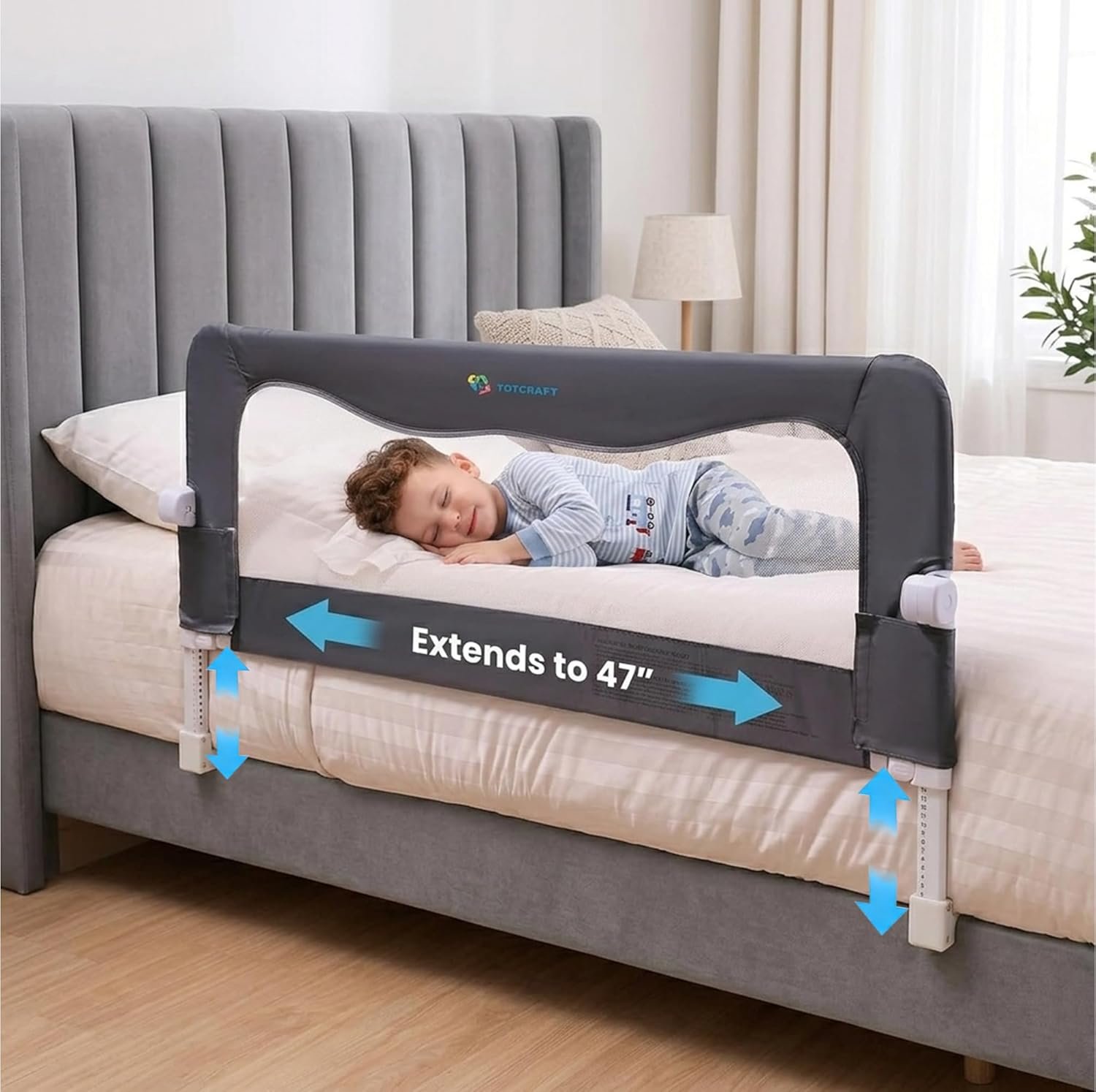 TotCraft MiniFlex Adjustable Length & Height Bed Rail for Toddlers – Fits Twin, Full & Queen Beds – 35.5″ or 47″ Two Fixed Lengths – 14 Height Levels – ASTM Certified Toddler Bed Rails for Kids (Grey)