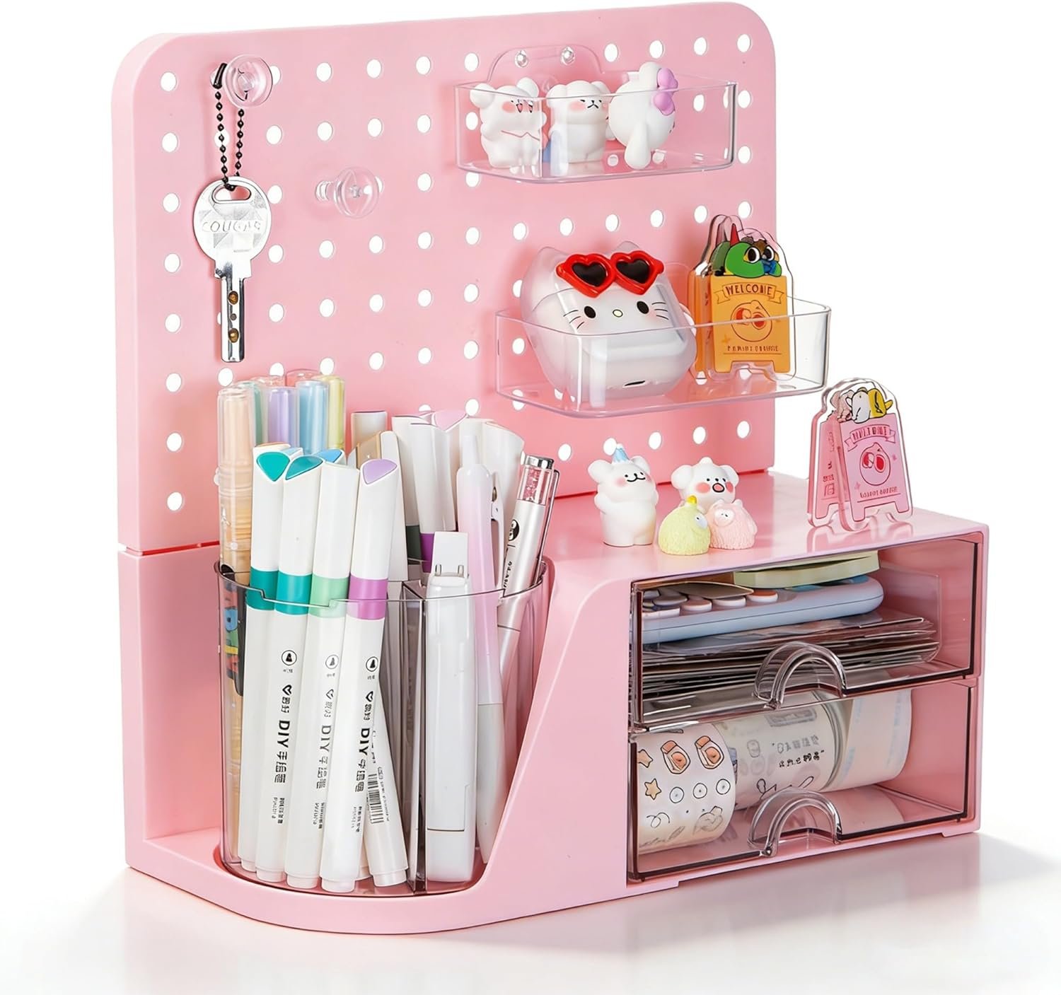 Comix Desk Organizer with Drawer, 360° Rotating Pen Holder for Desk, Pen Organizer with 5 Slots Pencil Holder+Pegboard+2 Drawer for Office Home Art Supplies (Pink)