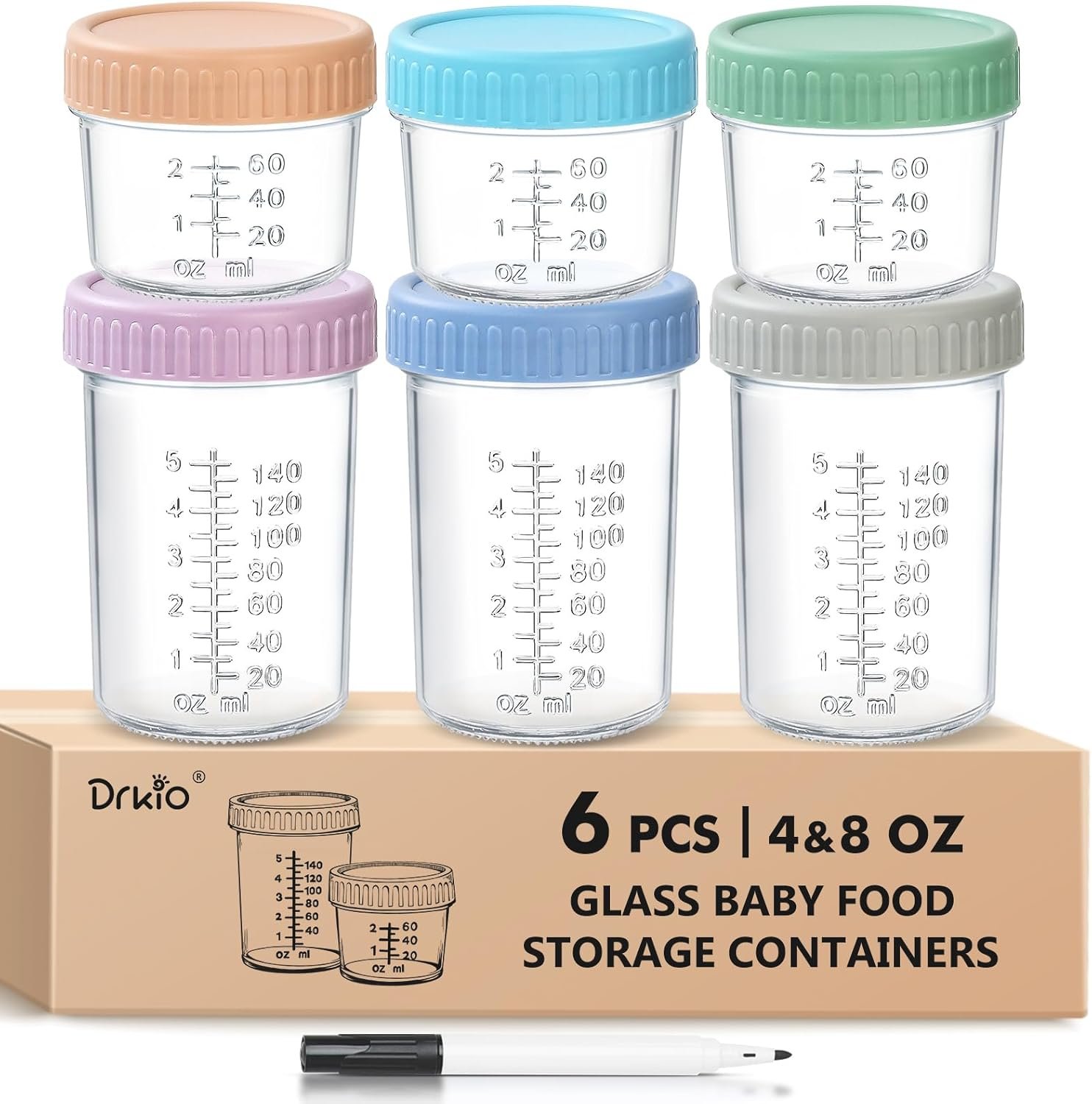 DRKIO 6 Pack Glass Baby Food Storage Containers – 4 & 8 oz Baby Food Jars with Lids Baby Food Maker Microwave Dishwasher Freezer Safe 100% Leak Proof BPA Free Reusable