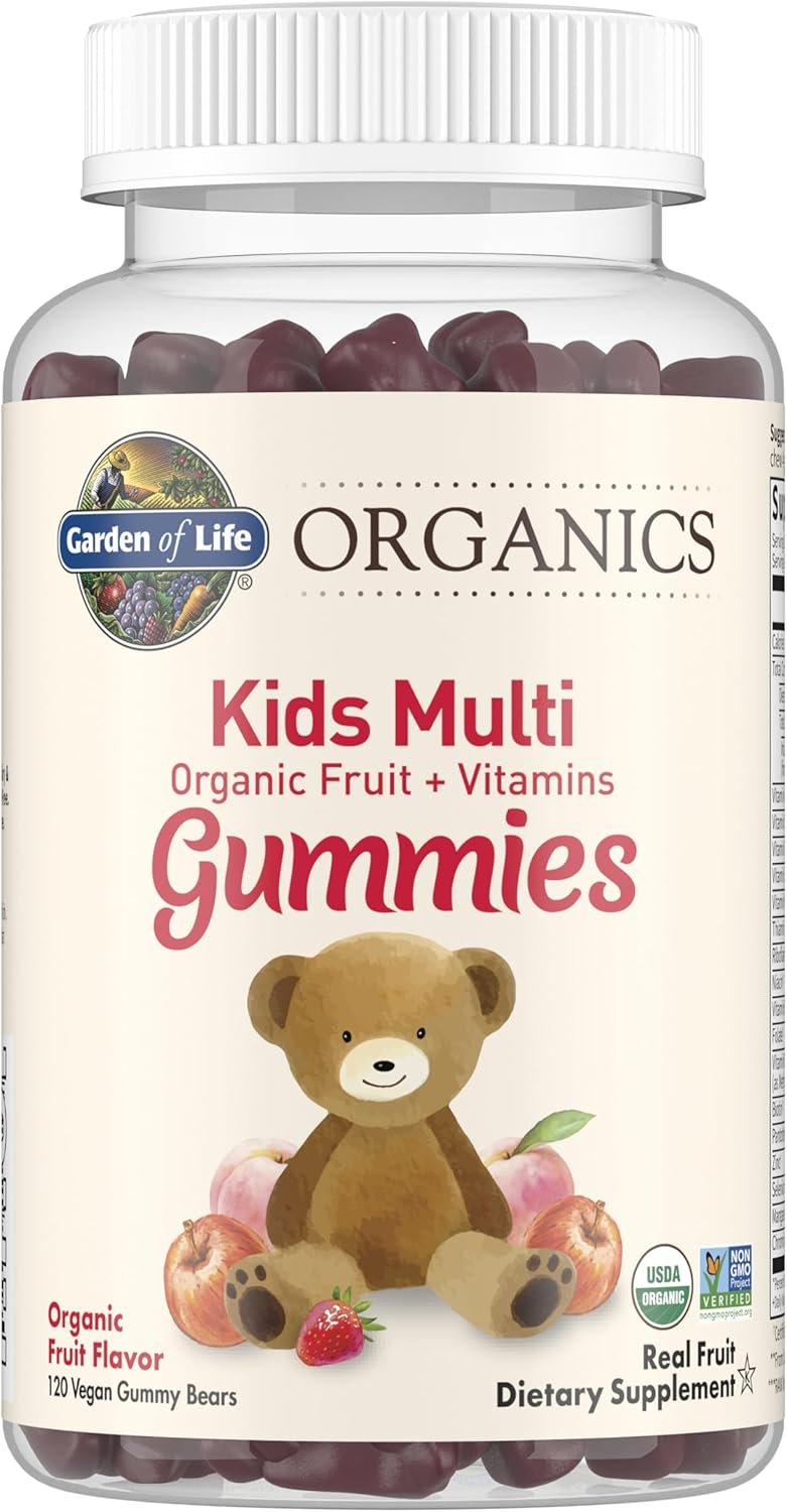 Garden of Life Organics Kids Gummy Vitamins – Fruit – Certified Organic, Non-GMO & Vegan Complete Children’s Multi – B12, C & D3 – Gluten, Soy & Dairy Free, 120 Real Fruit Chew Gummies