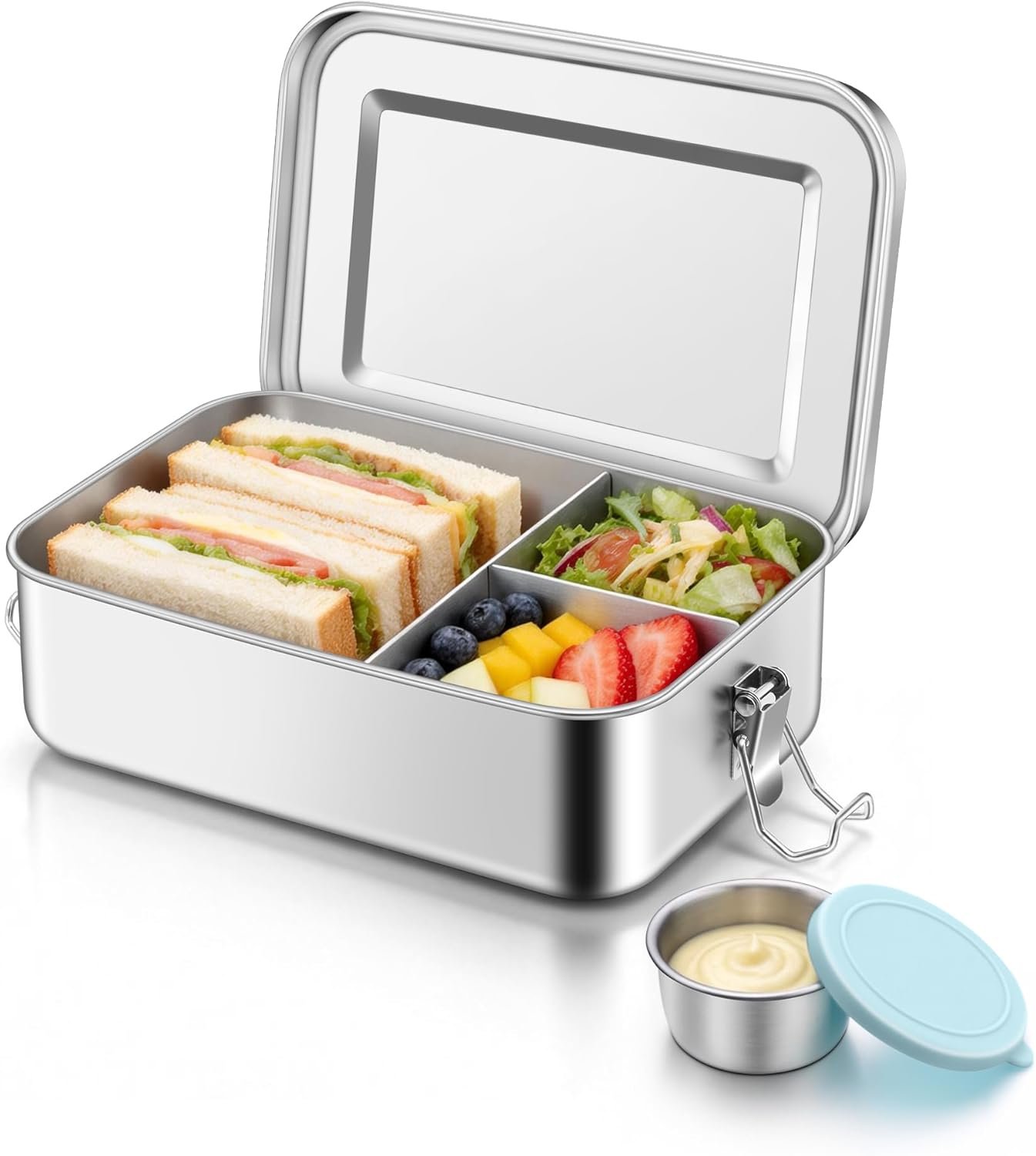 TeamFar Stainless Steel Bento Box, 47oz/1400ml Metal Lunch Box with Condiment Container for Adults/Kids, 3 Compartment Food Storage Container for School/Work, Leak-Proof & Dishwasher Safe, Blue