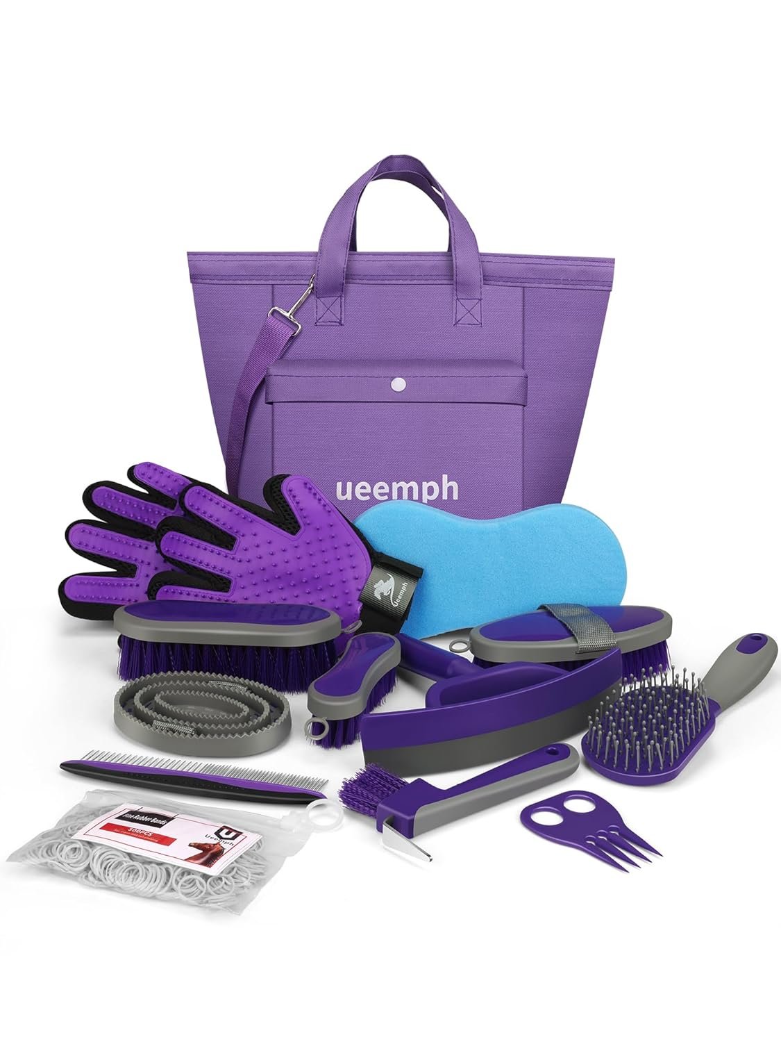 Horse Grooming Kit (12-Piece): Brushes, Storage Bag, Sweat Scraper, Mane Comb, Grooming Gloves – Purple Horse Gifts for Girls