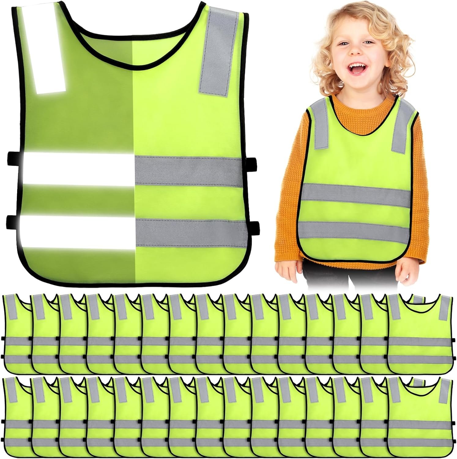Unittype 30 Pcs Kids Safety Vest High Visibility Reflective Safety Children Vest Neon Yellow Child Traffic Clothes with Elastic Strap for Kids Cycling Running Skiing Outdoor Activities