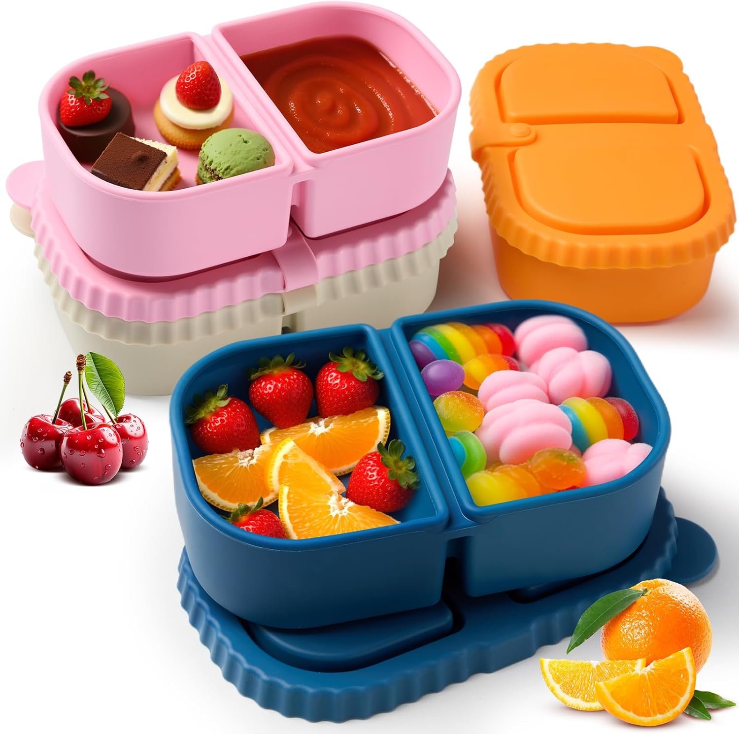 4 Pack Double Compartment Silicone Snack Containers with Lids, Reusable Leak Proof Sauce Cups, Portable Small Food Storage Boxes for Lunch, Office, Travel, Meal Prep