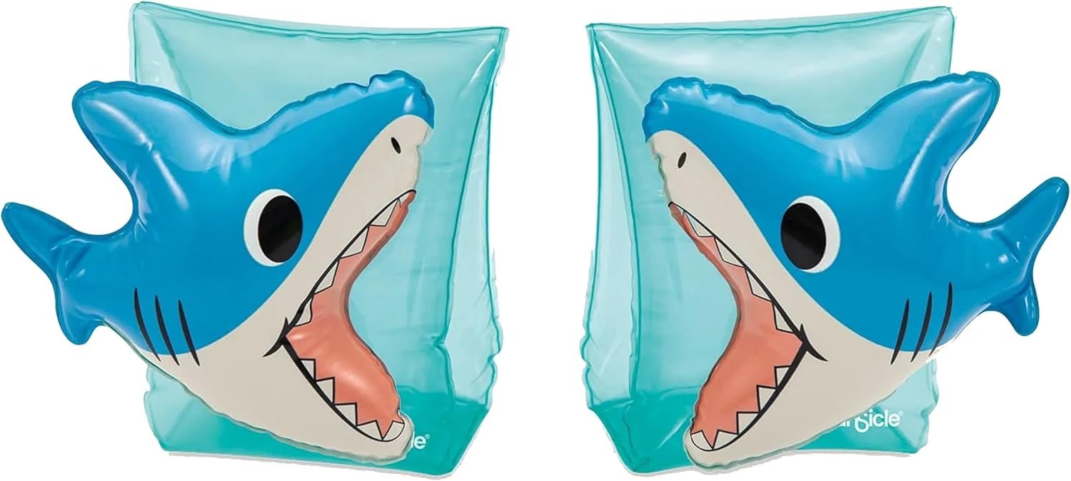 Maccabi Art Shark PopUp Armbands – Inflatable Arm Floaties for Kids Ages 3–6 – 3D Shark Design, Durable PVC, AirFlate Tool, Leak-Proof DuraSeam, Pool Swim Safety Gear
