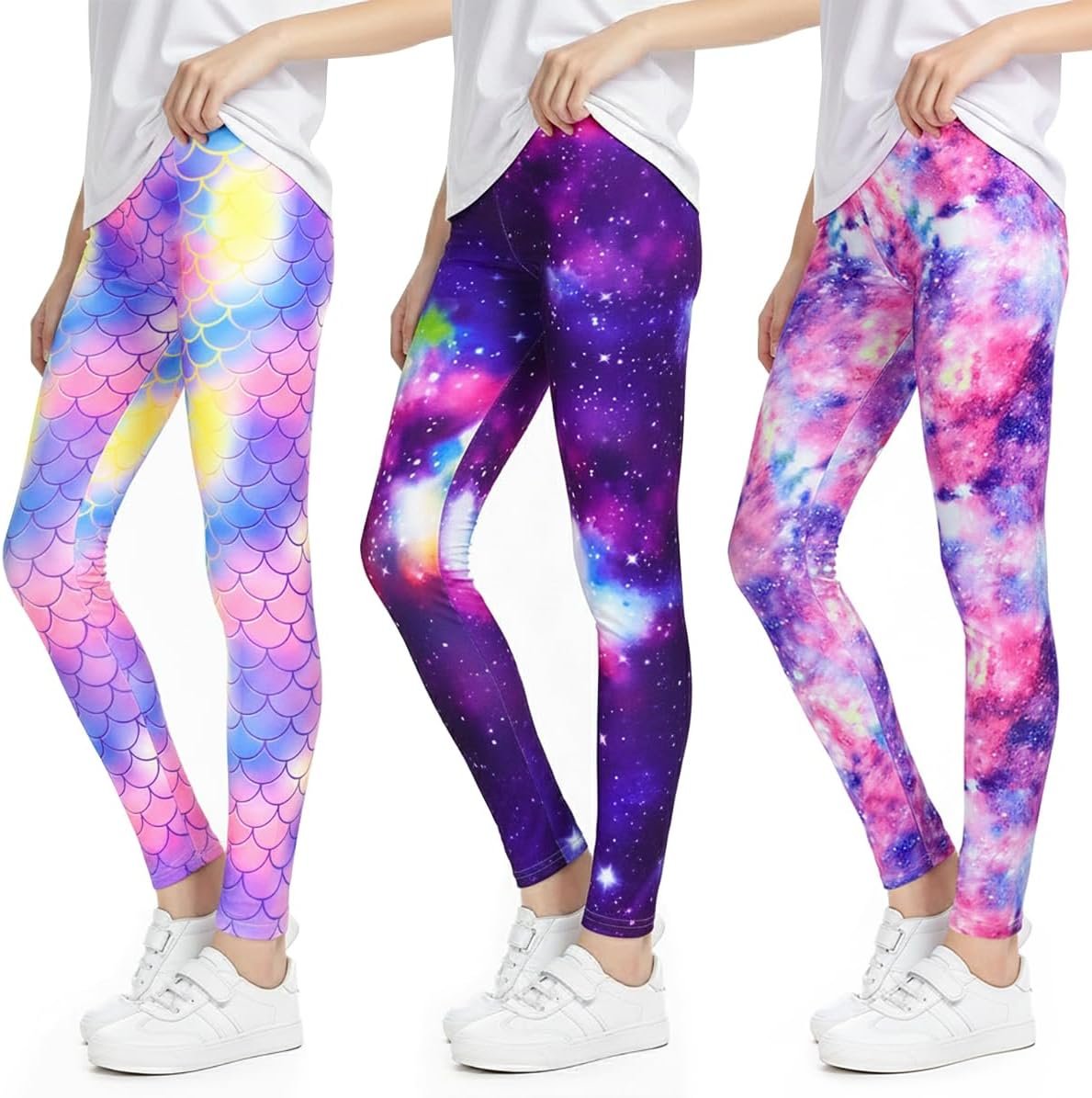 3 Pack Girls Leggings, Galaxy & Mermaid Print, Stretchy Opaque Activewear for School & Sports, Sizes 104-158