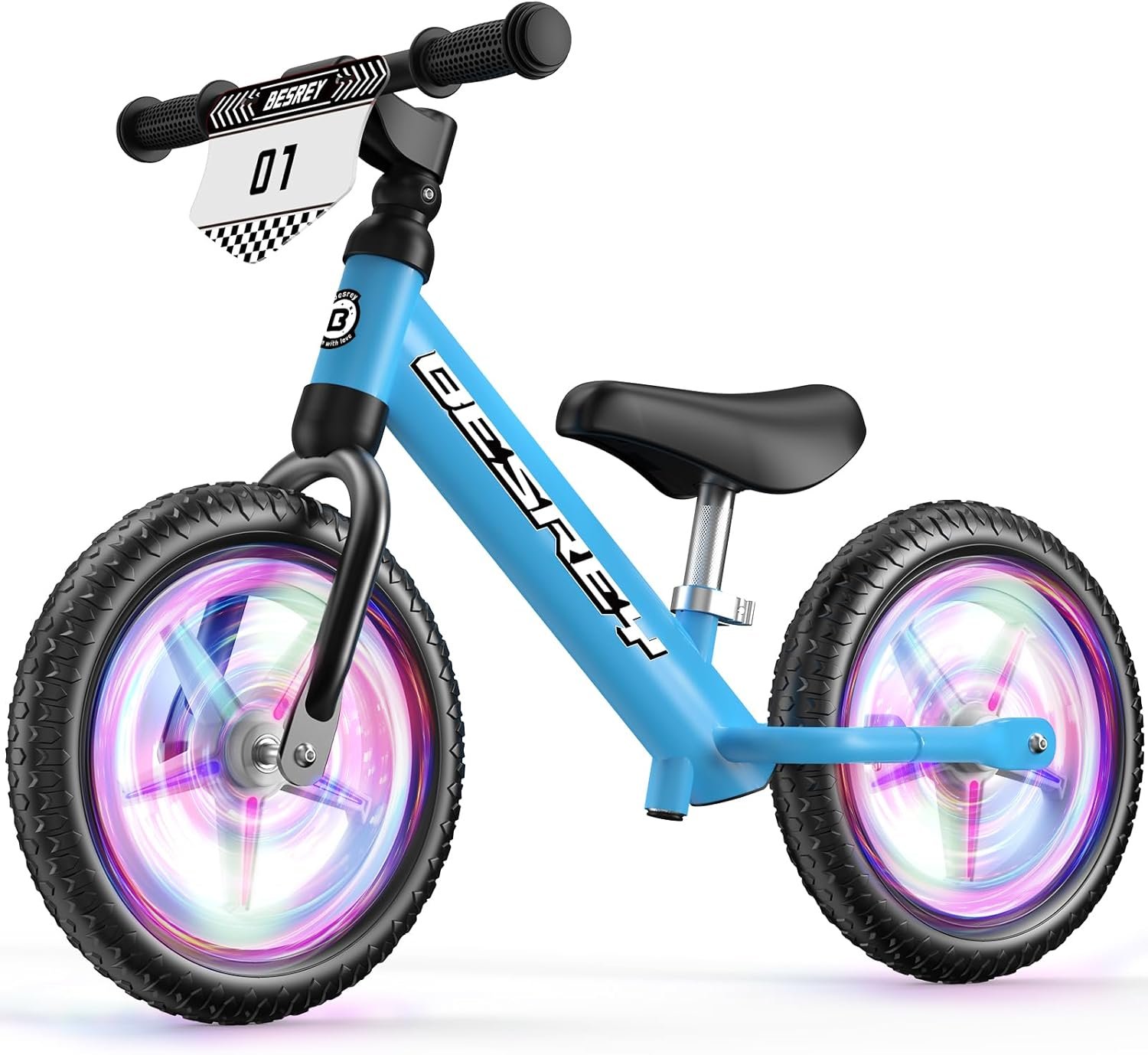 besrey Toddler Balance Bike 2 Year Old: All-Metal Frame & 12″ Self-Lighting Wheels, Custom Plate w/Bonus 4 Sets of Stickers, Kids Bike with Adjustable Seat, Bike Gift for 2 3 4 5 Year Old Boys Girls