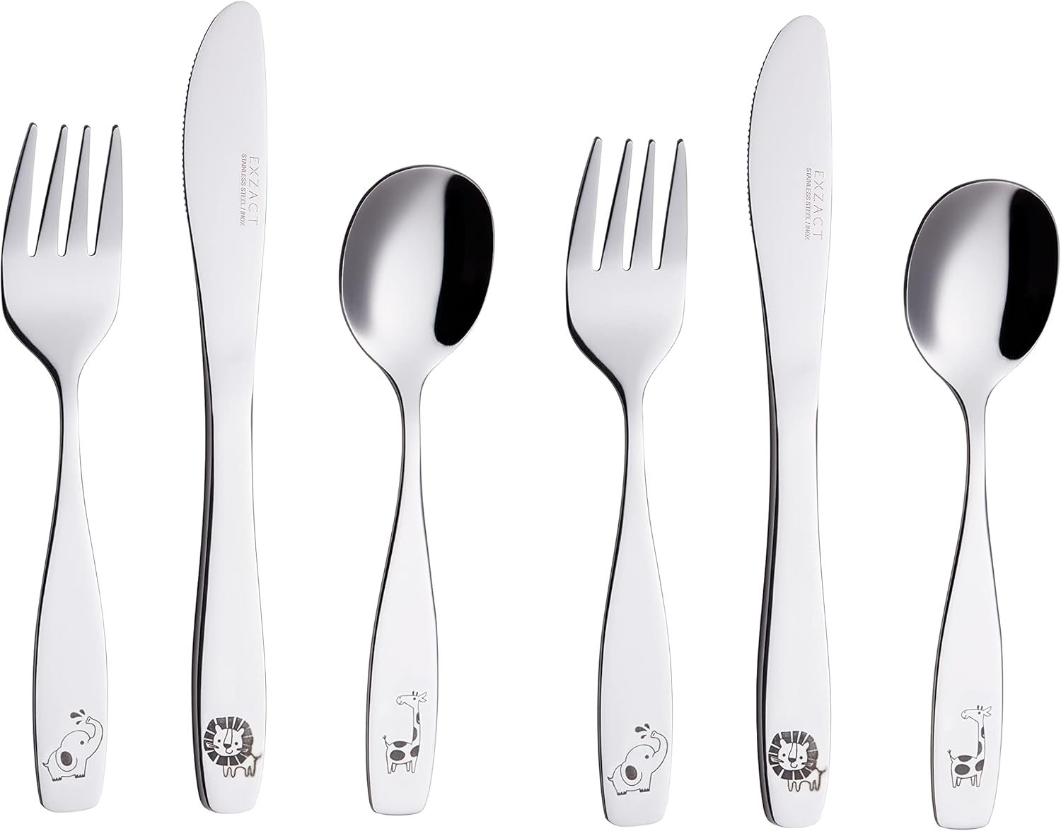 Exzact Kids Flatware 6pcs Toddler Utensils Children Silverware 18/10 Stainless Steel – Dishwasher Safe, 2 Years + (Safari)