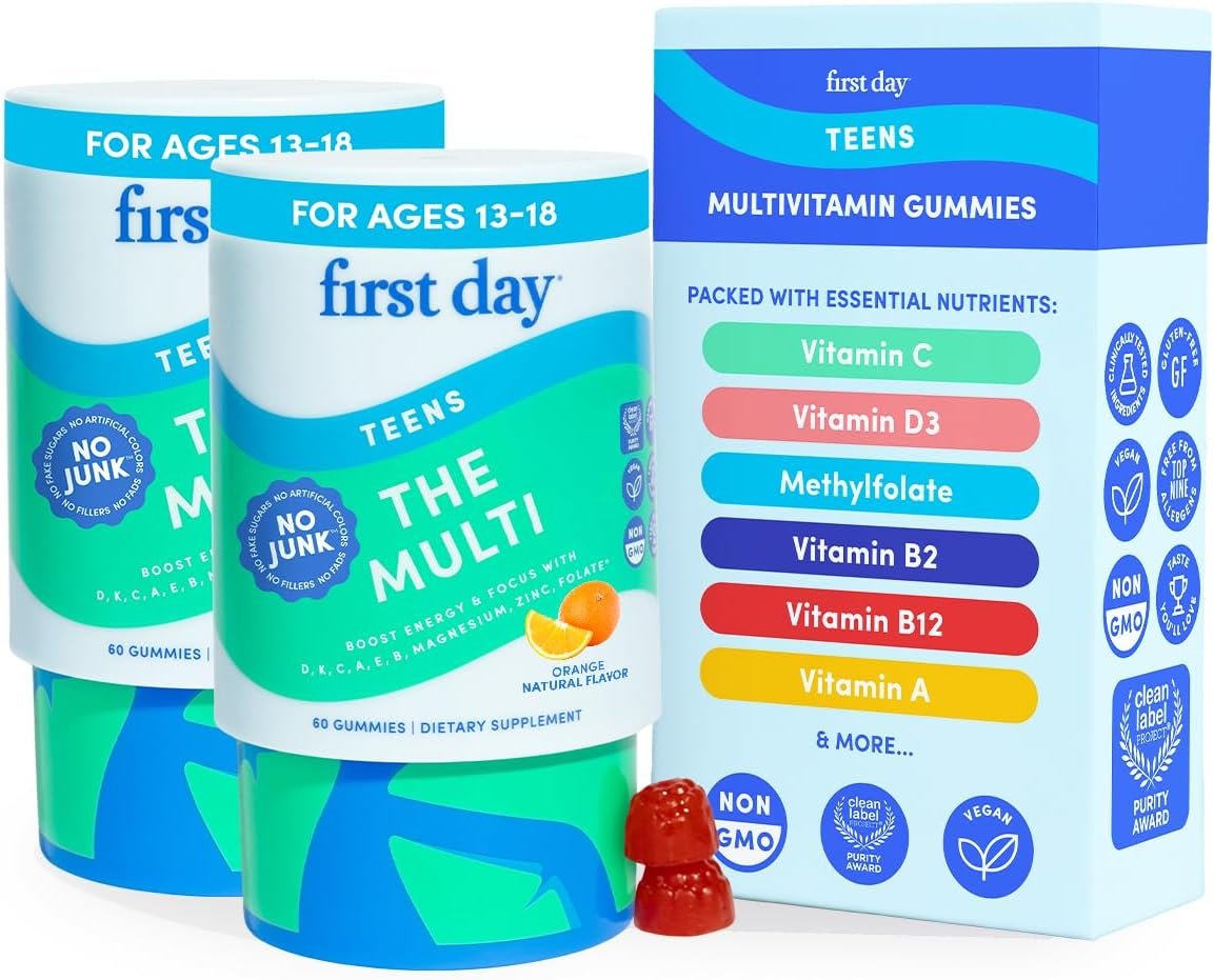 FIRST DAY Vitamins for Teens – Teen Multi Vitamins for Girls & Boys 12-17, Organic Fruit & Veggie Blend – 12 Key Nutrients: Vitamins A, B1, B2, B6, B9, B12, C, D3, E, K2-60 Day Supply