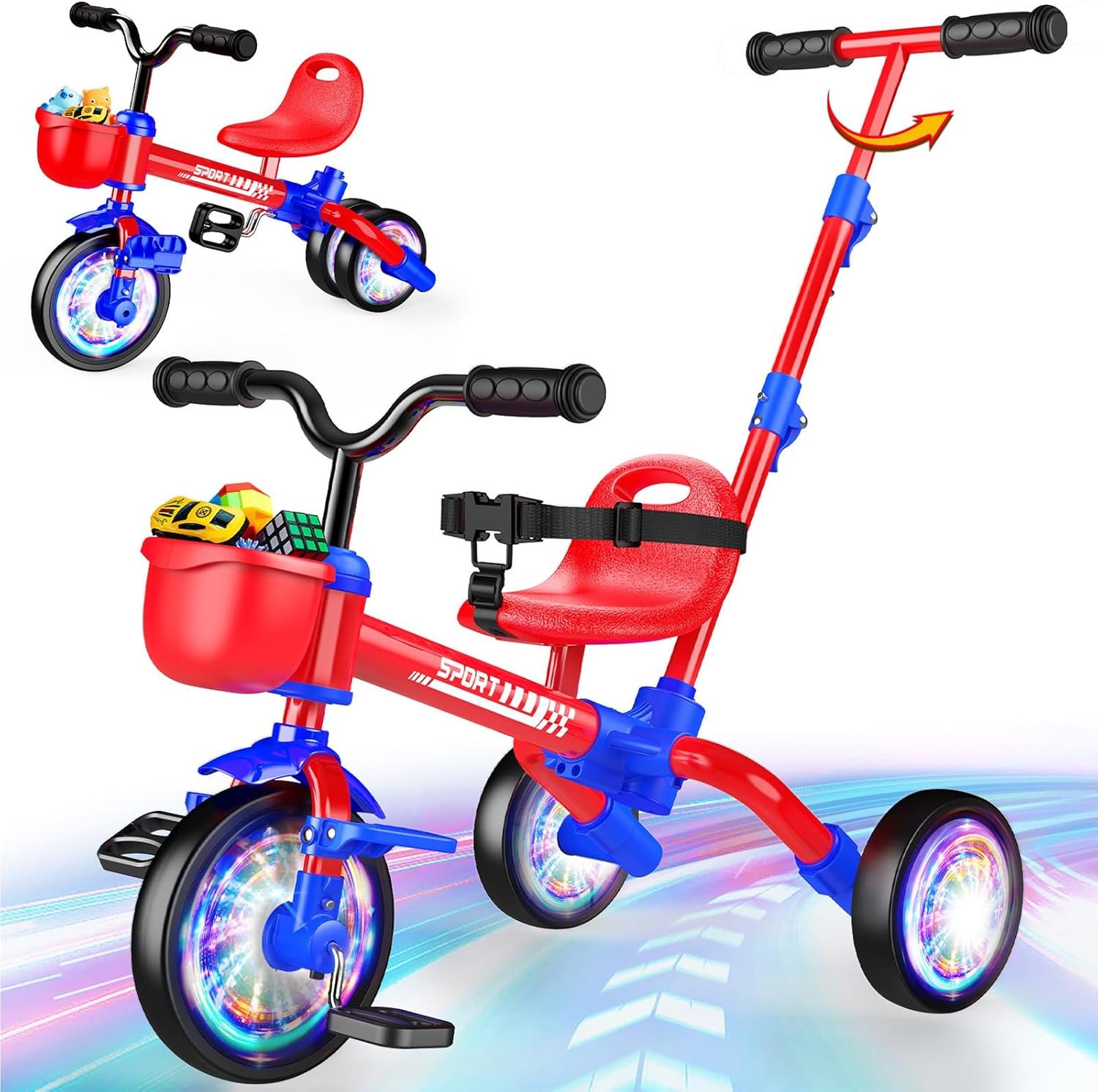 Kkdi 5 in 1 Toddler Bike for 1-5 Year Old, Tricycle with Push Handle, Convertible Baby Balance Bike, Bicycle, Color Light Wheel & Detachable Pedal, 4-Position Seat, Boys Girls Birthday Gift, Toy