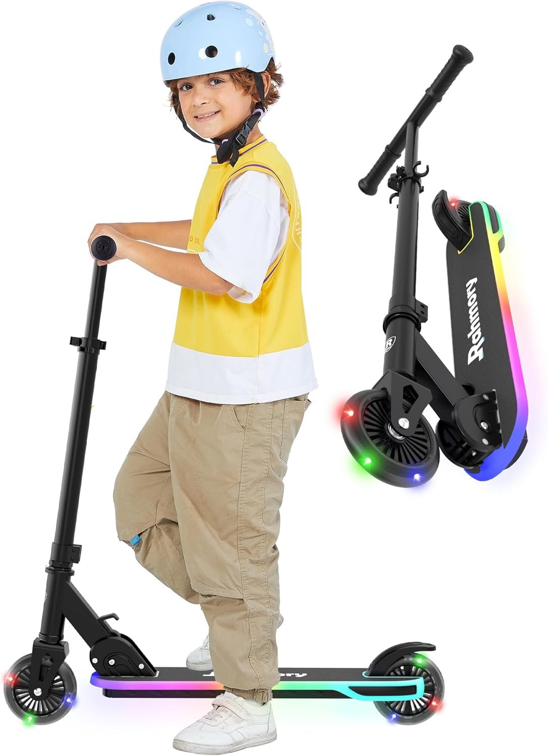 Rahmory Kick Scooter for Ages 5-12,Kid, Teens. Max Load 155 LBS. Foldable, Lightweight, with Light up Wheels and Dynamic Light Deck, Teen and Adults, 3 Adjustable Levels.